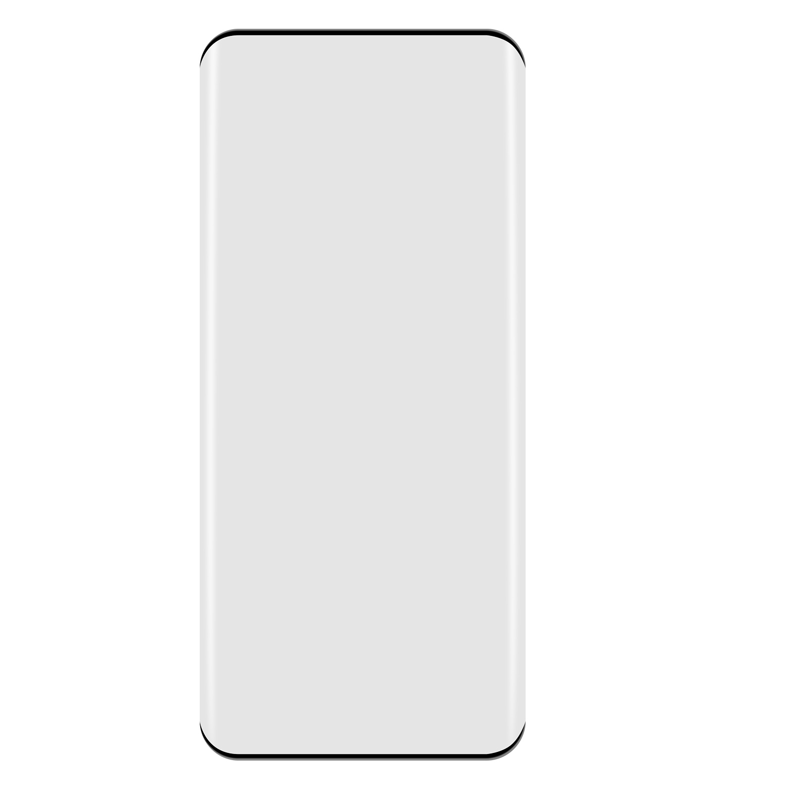 Un proteggi schermo per smartphone bianco e un telefono con bordi neri su sfondo bianco.