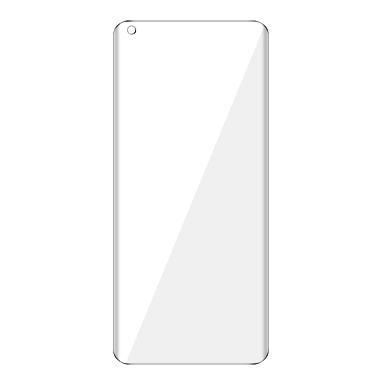 Protecteur d'écran de téléphone avec une découpe de caméra en haut et un logo en bas.