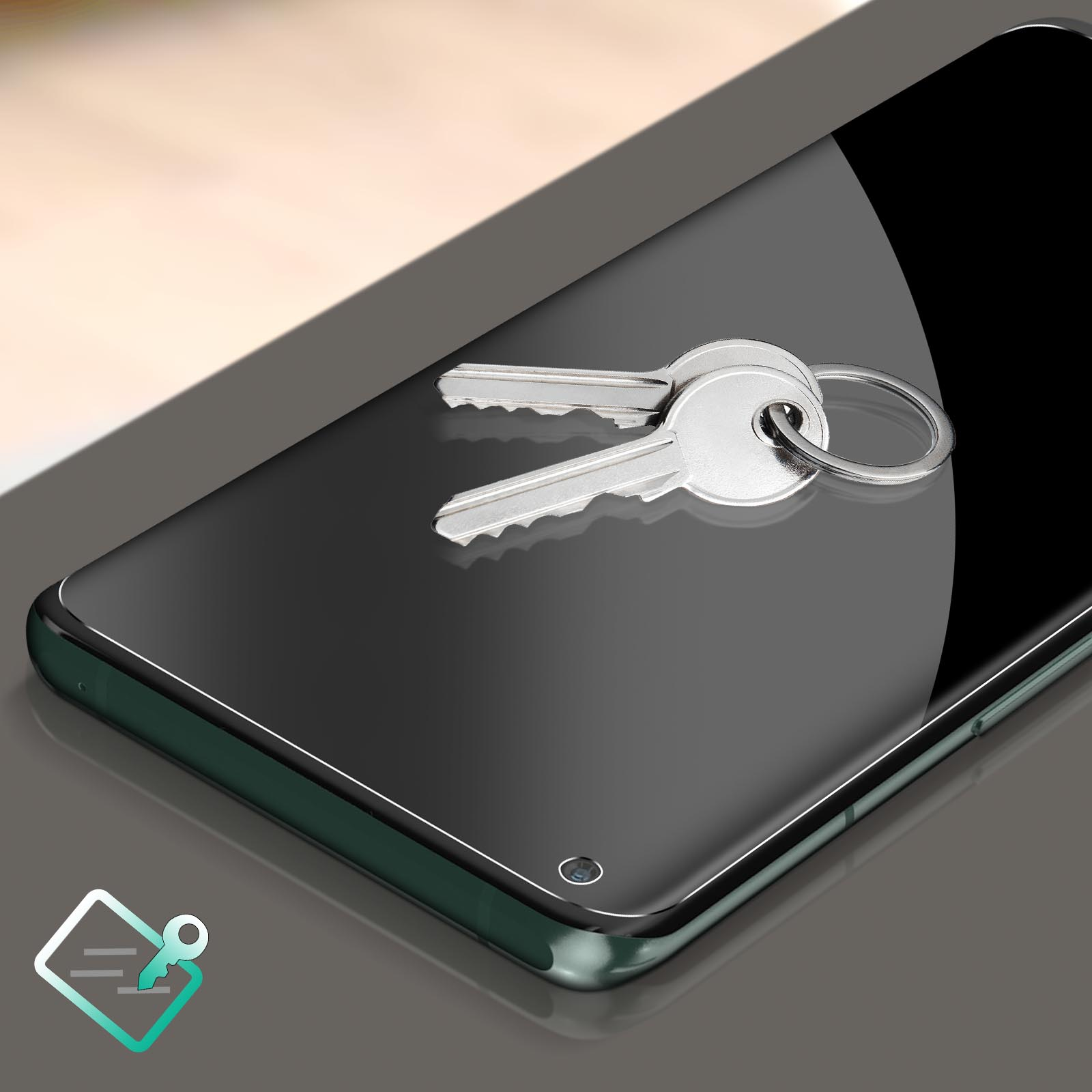 Clés sur un protecteur d'écran de téléphone. Une icône de clé est dans le coin gauche.