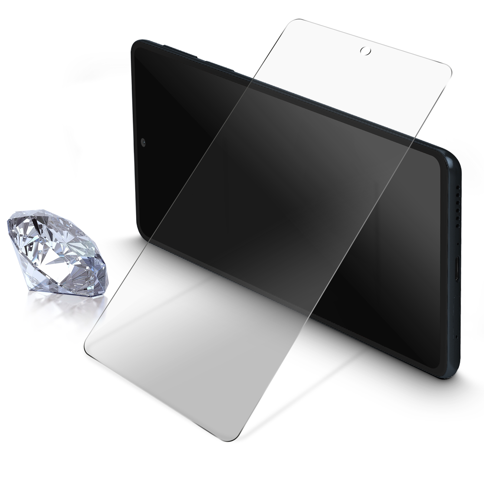 Proteggi schermo per smartphone e un diamante. Sfondo bianco.