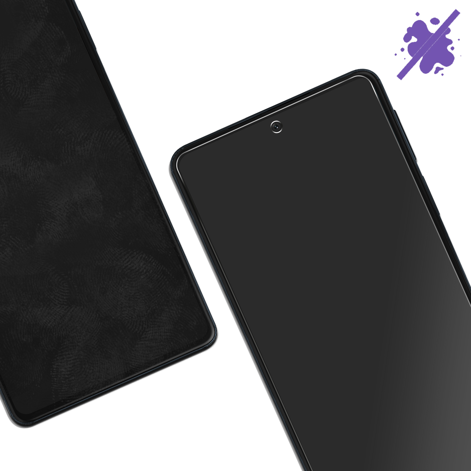 Due smartphone neri su bianco. Uno ha un'impronta digitale, l'altro una protezione per lo schermo.