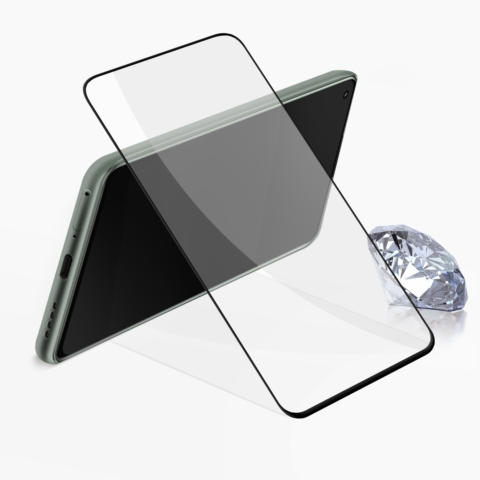 Un téléphone avec un protecteur d'écran et un diamant sur fond blanc.