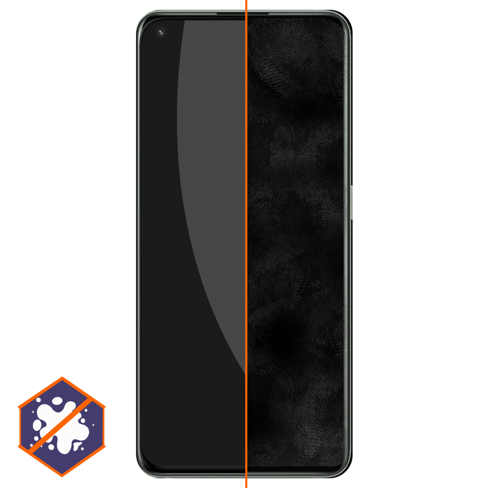 Écran de téléphone avec protecteur, montrant des empreintes digitales. Logo hexagone à gauche.