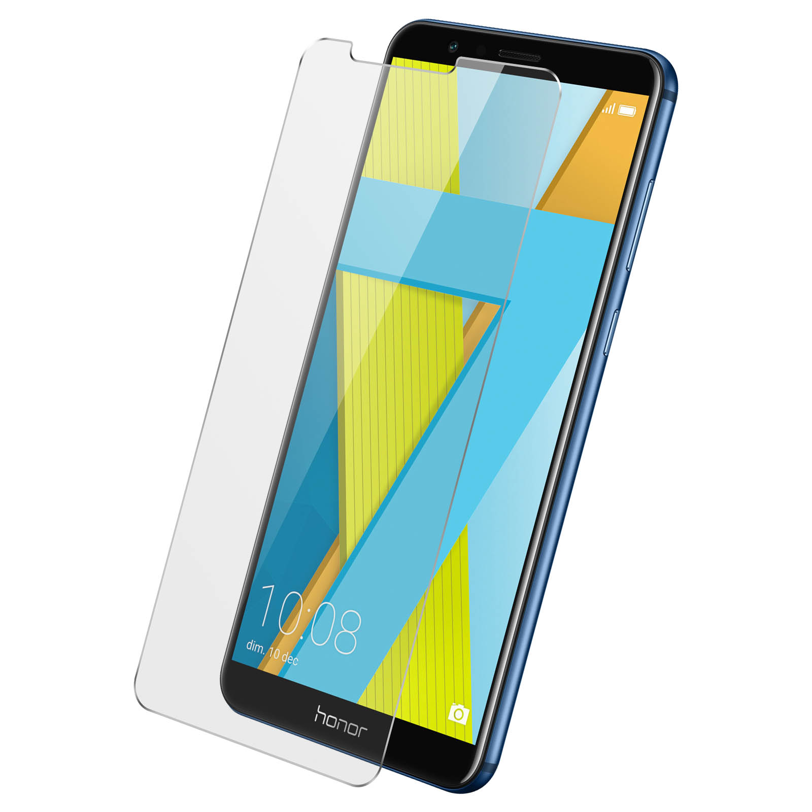 Un telefono con una protezione per lo schermo applicata. Lo schermo mostra un design astratto colorato.