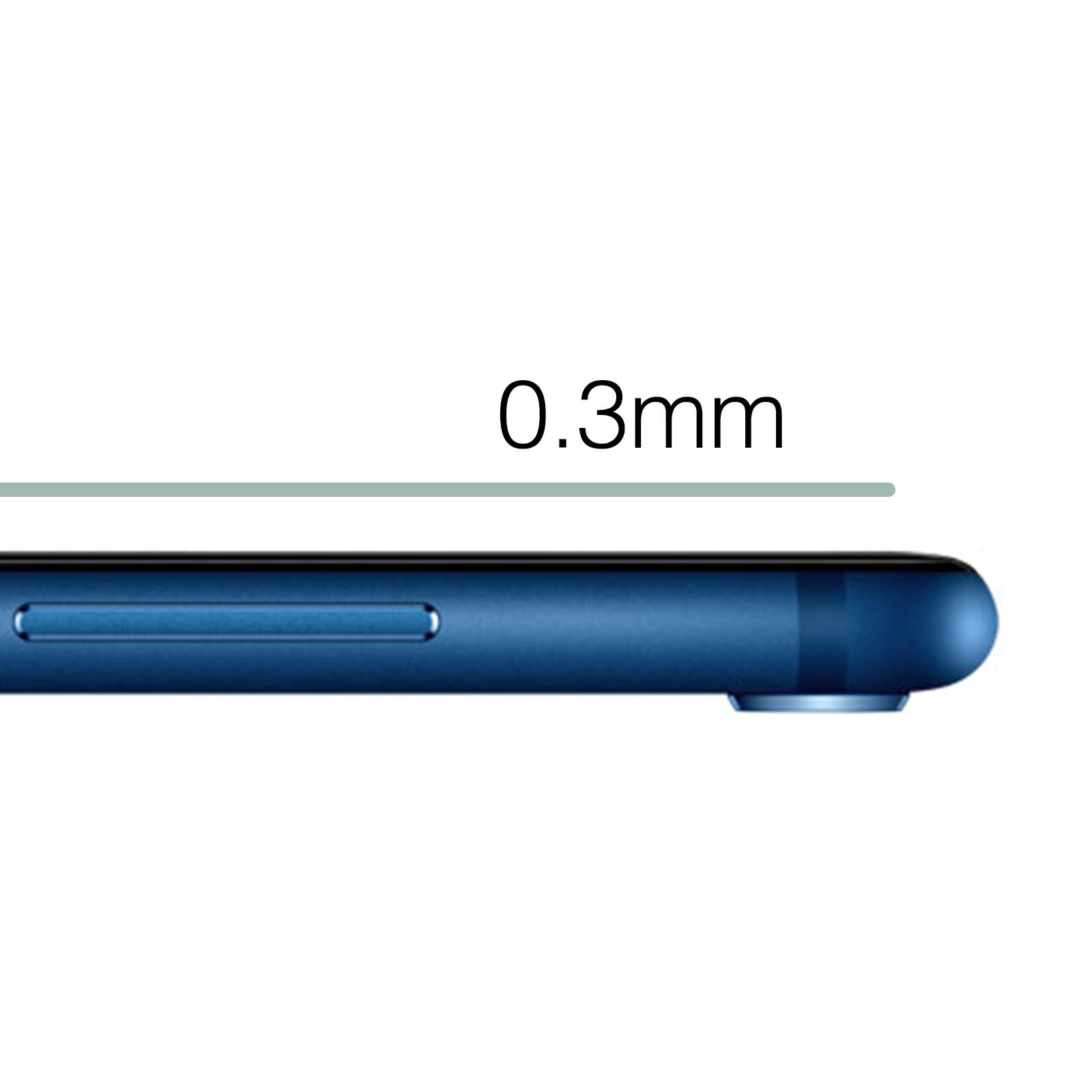 Vista laterale del telefono con testo da 0,3 mm e corpo blu. Una sottile linea verde sopra.