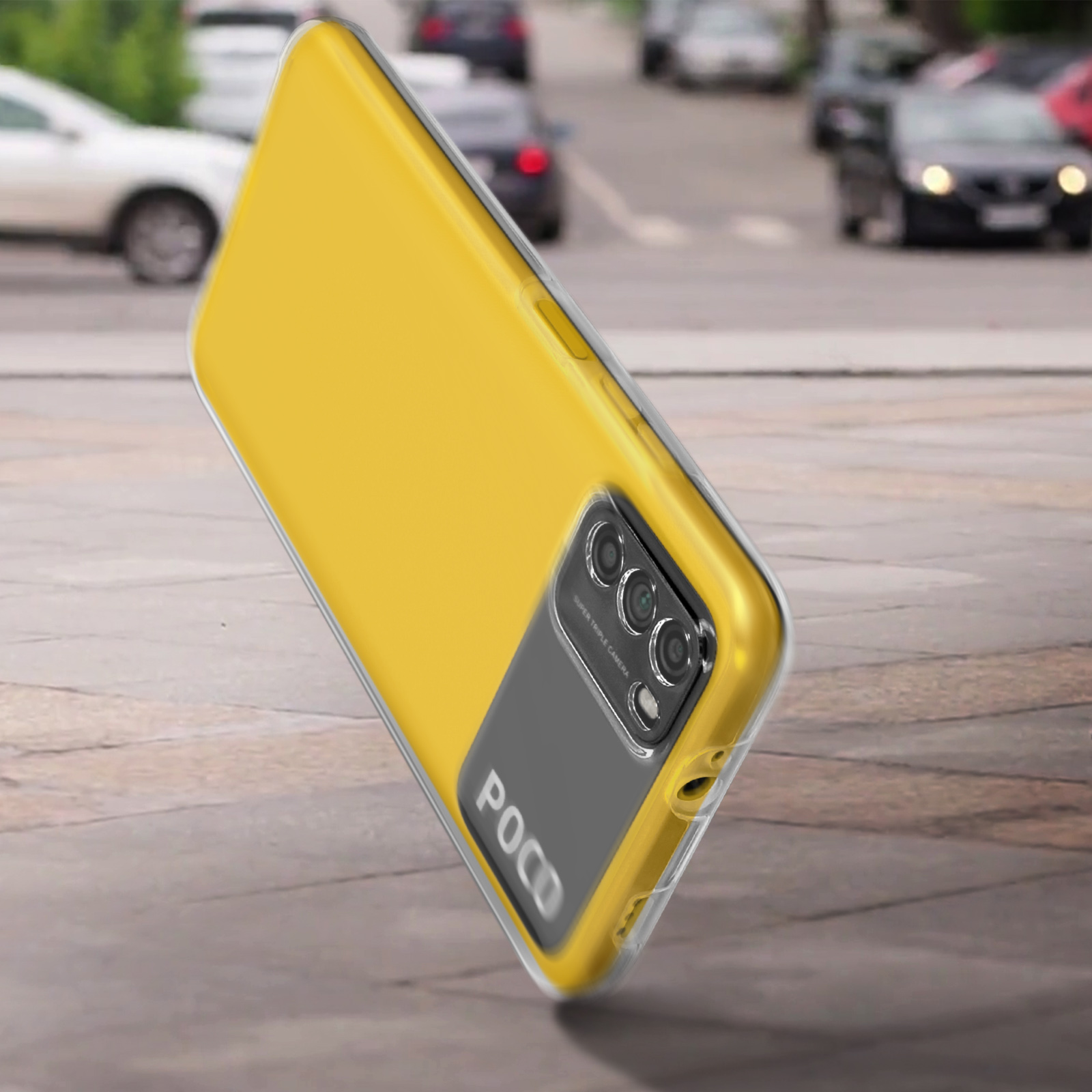 Coque de téléphone jaune avec un rectangle noir pour l'appareil photo. L'arrière-plan est flou, avec une route.
