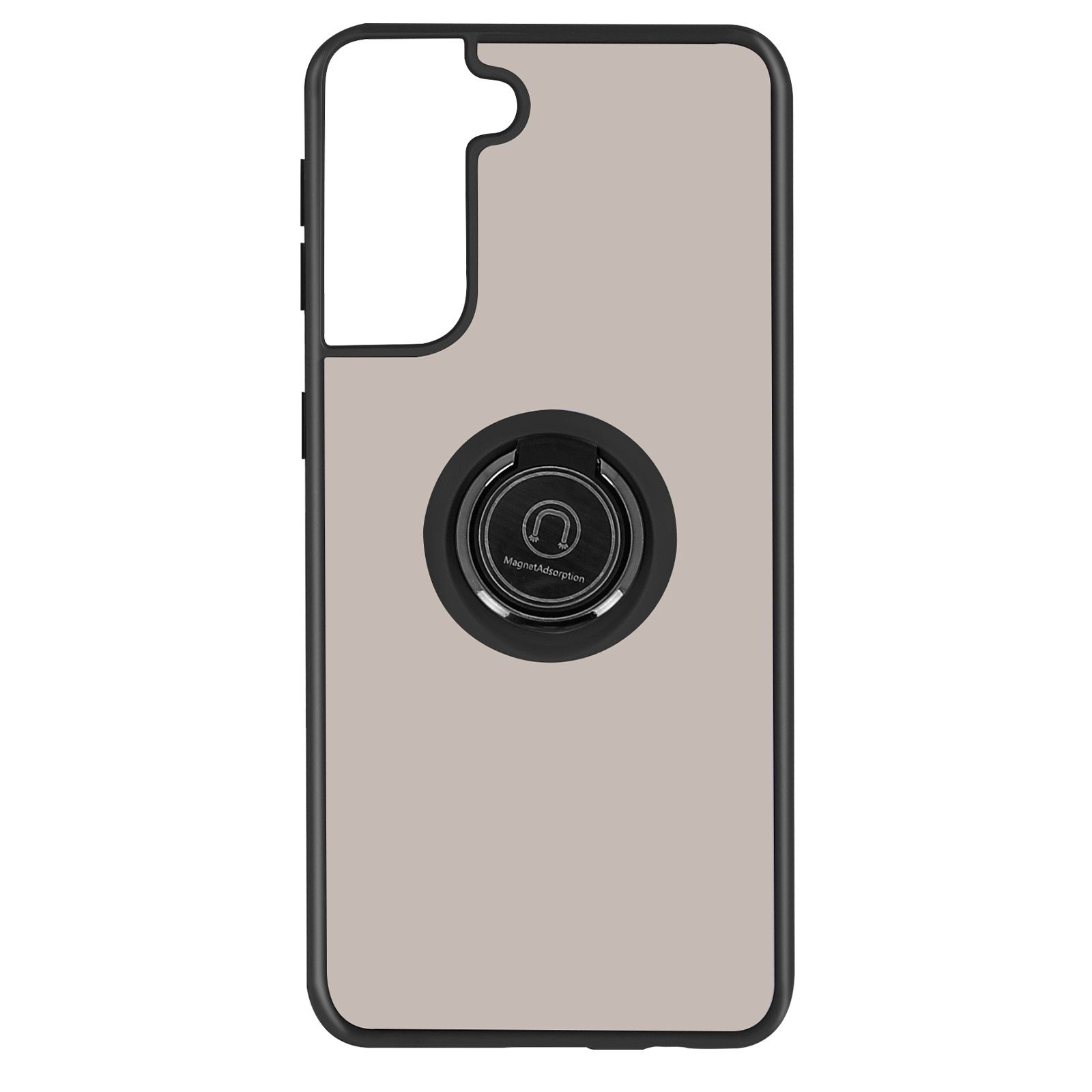 Coque de téléphone beige avec un bord noir et un support de bague noir au centre.