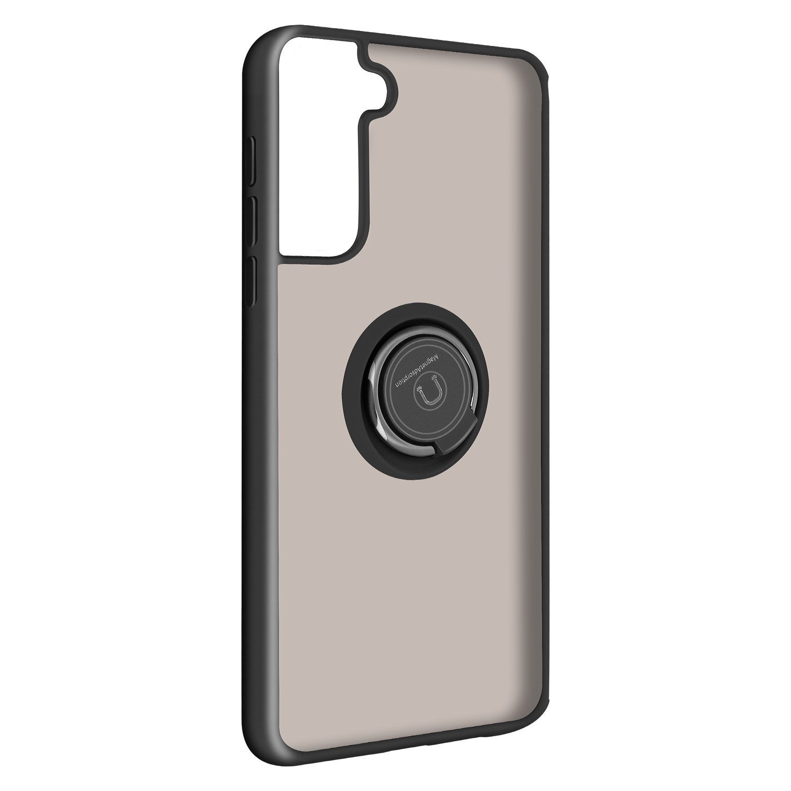 Une coque de téléphone avec un porte-anneau. La coque est transparente avec un cadre gris foncé.
