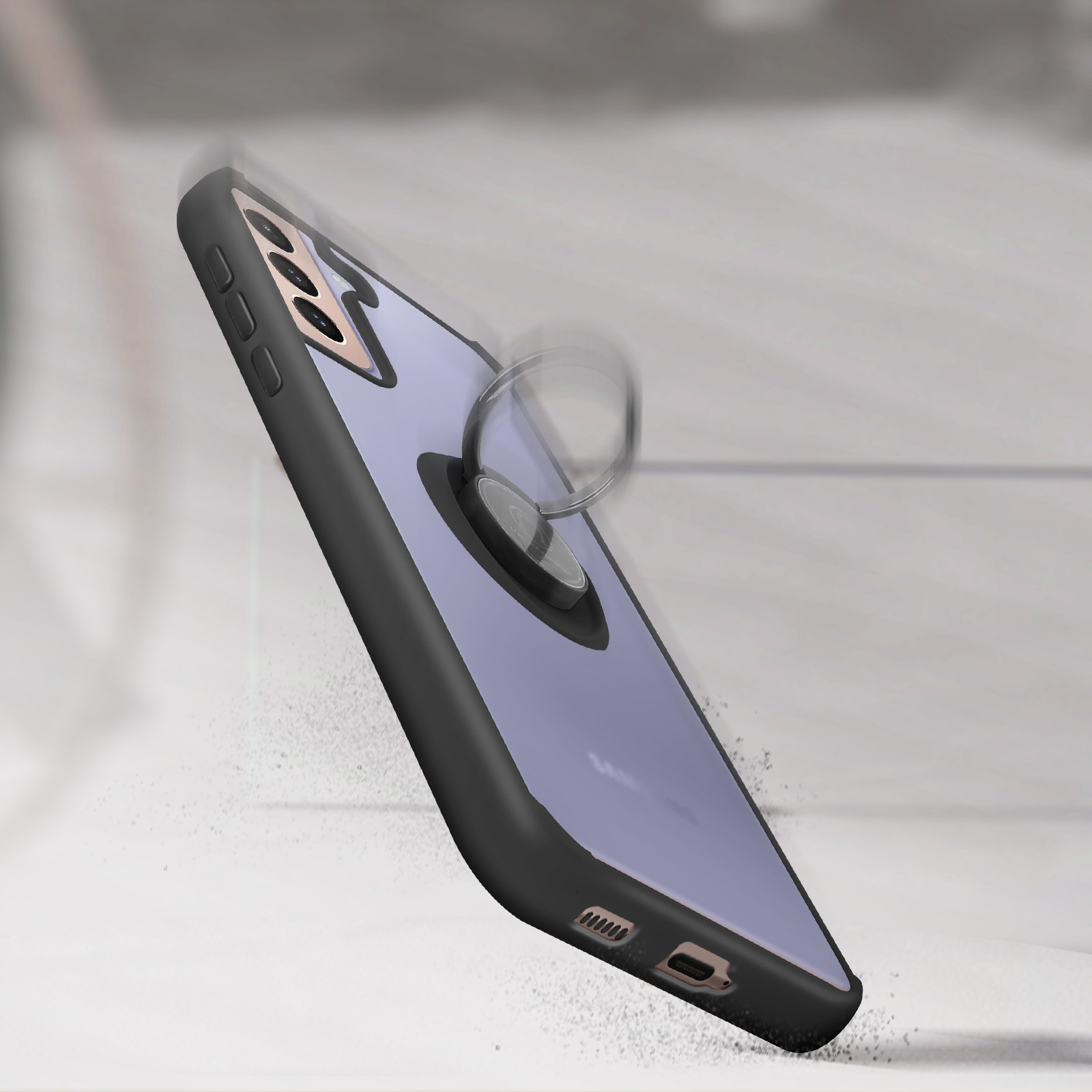 Coque de téléphone transparente avec anneau, vue en angle. Cadre noir, dos violet, pas de téléphone visible.