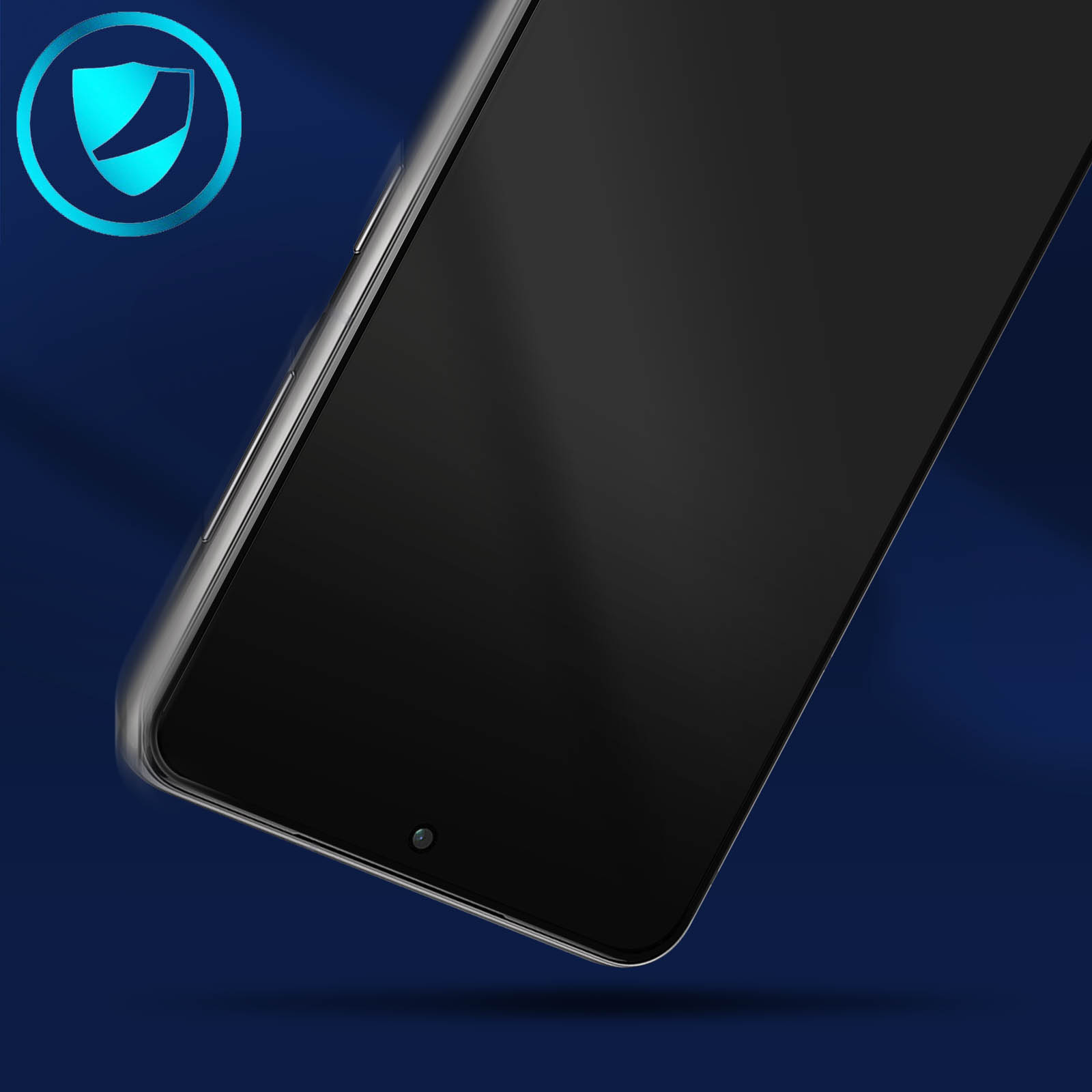 Uno smartphone con schermo nero e custodia protettiva, su sfondo blu scuro, viene visualizzata un'icona a scudo.