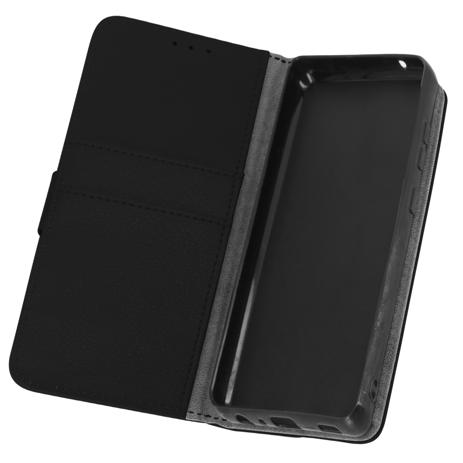 Custodia in pelle nera, aperta. Rivela l'interno del telefono con slot per carte.