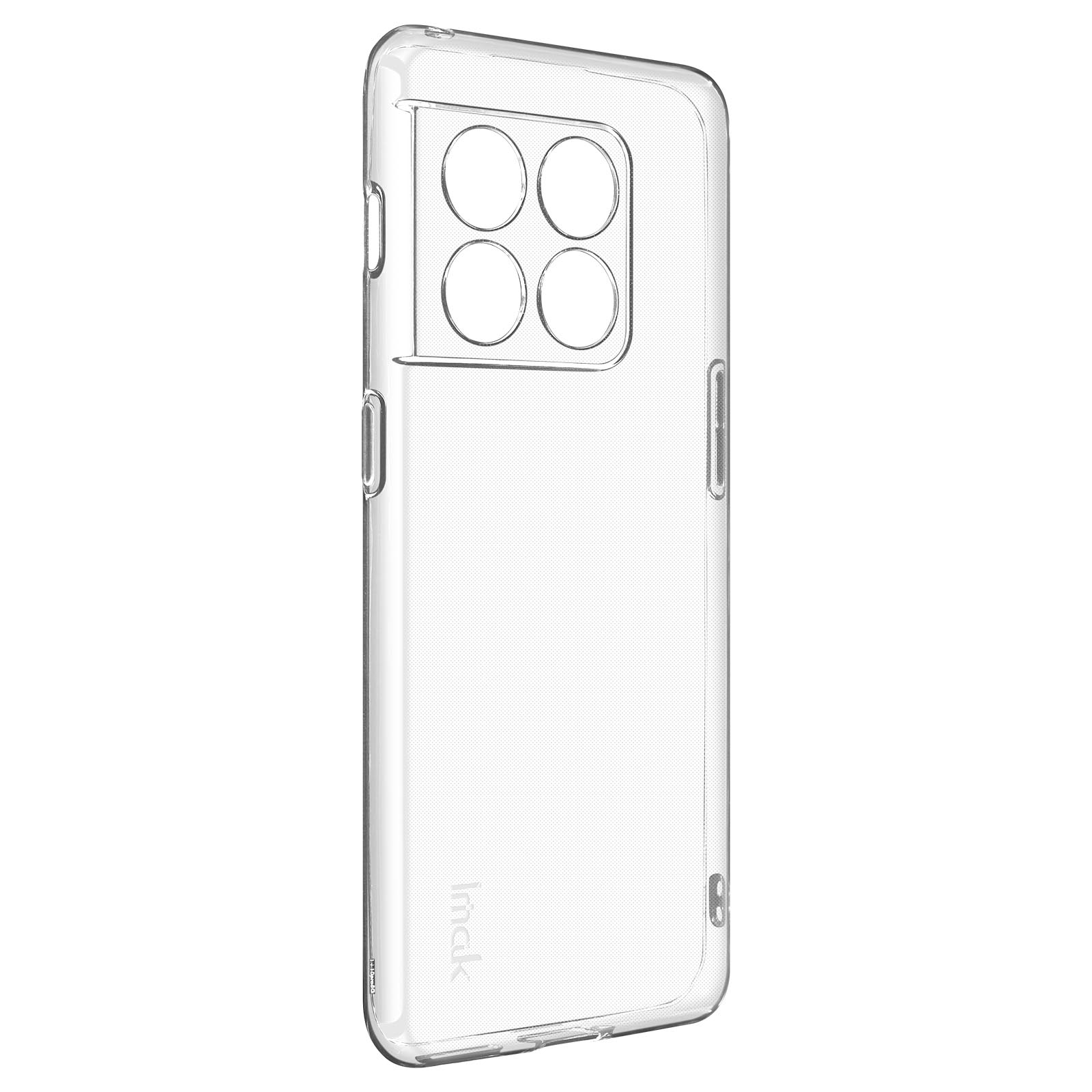 Custodia trasparente per telefono. È trasparente e ha quattro fori per la fotocamera. Sfondo bianco.