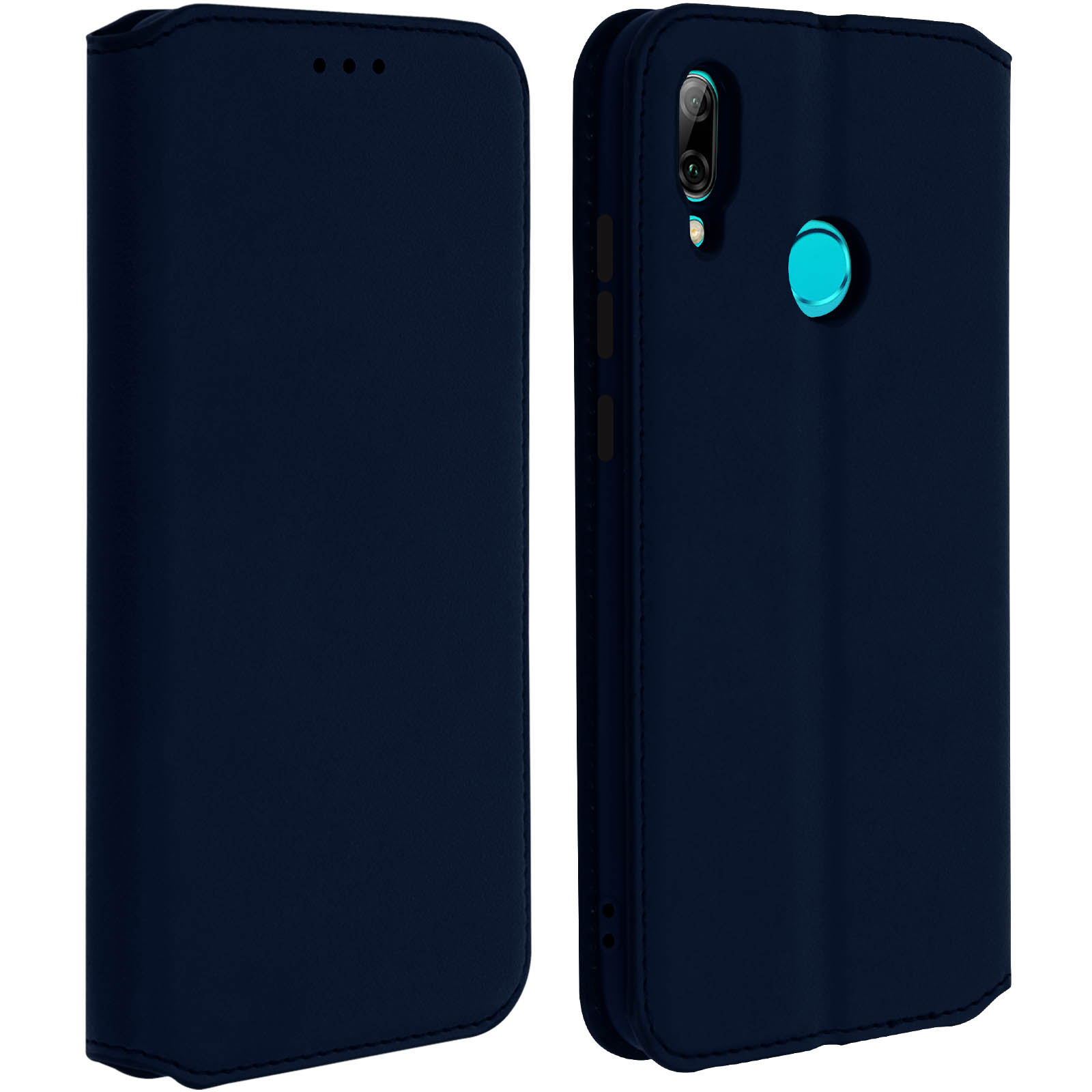 Custodia per telefono blu navy aperta, che mostra l'interno con fotocamera e pulsanti. La custodia è simile alla pelle.
