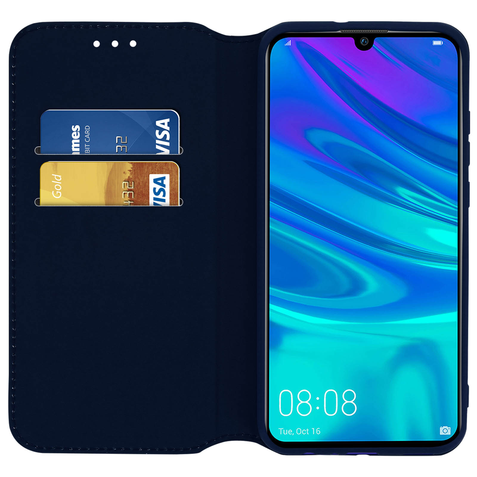 Una custodia per telefono è aperta, rivelando lo schermo di un telefono con l'ora e due carte in uno slot.