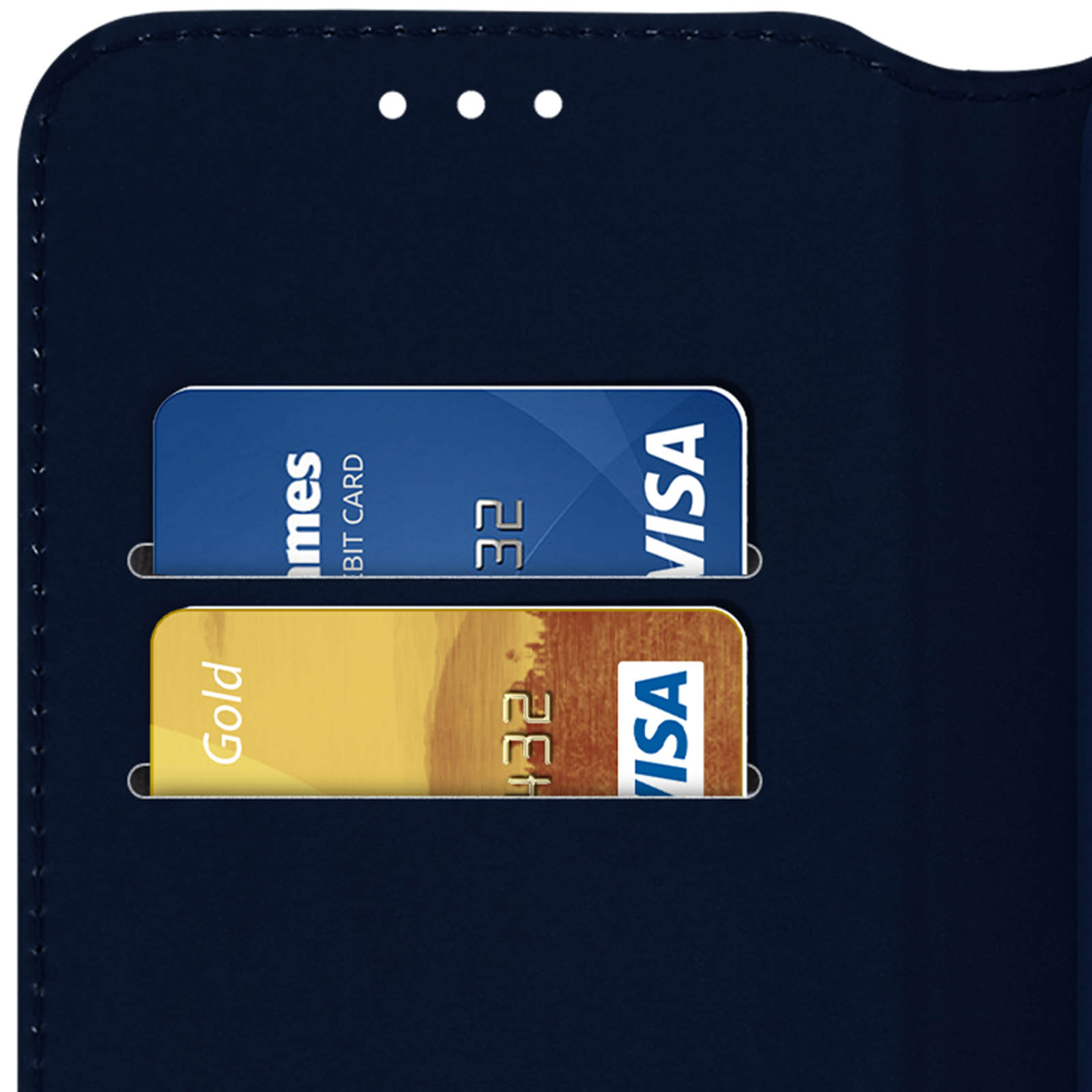 Interno del portafoglio blu scuro che mostra due carte di credito. Una è Visa e l'altra è oro.