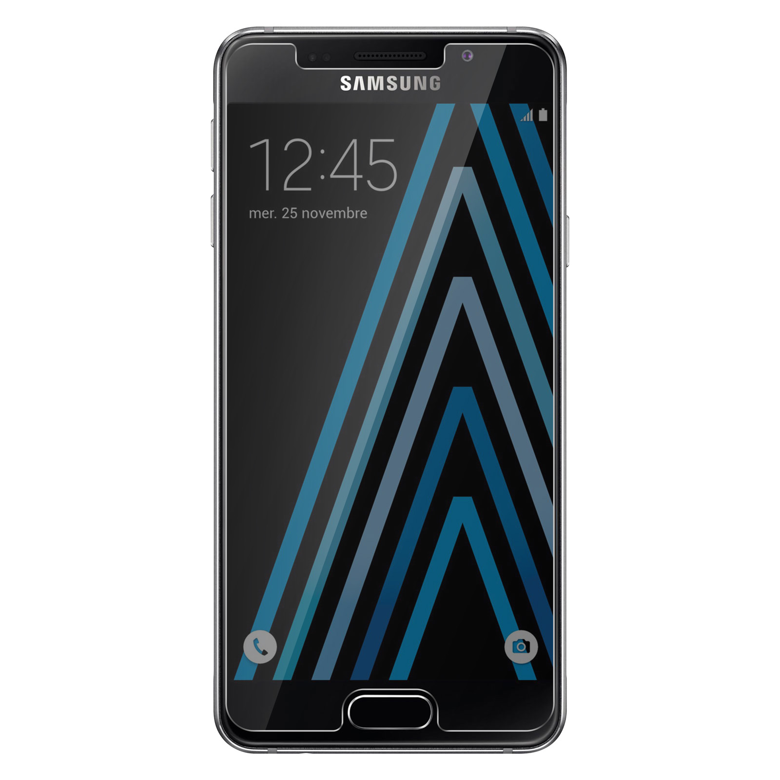 Teléfono Samsung negro con pantalla negra que muestra la hora y la fecha.