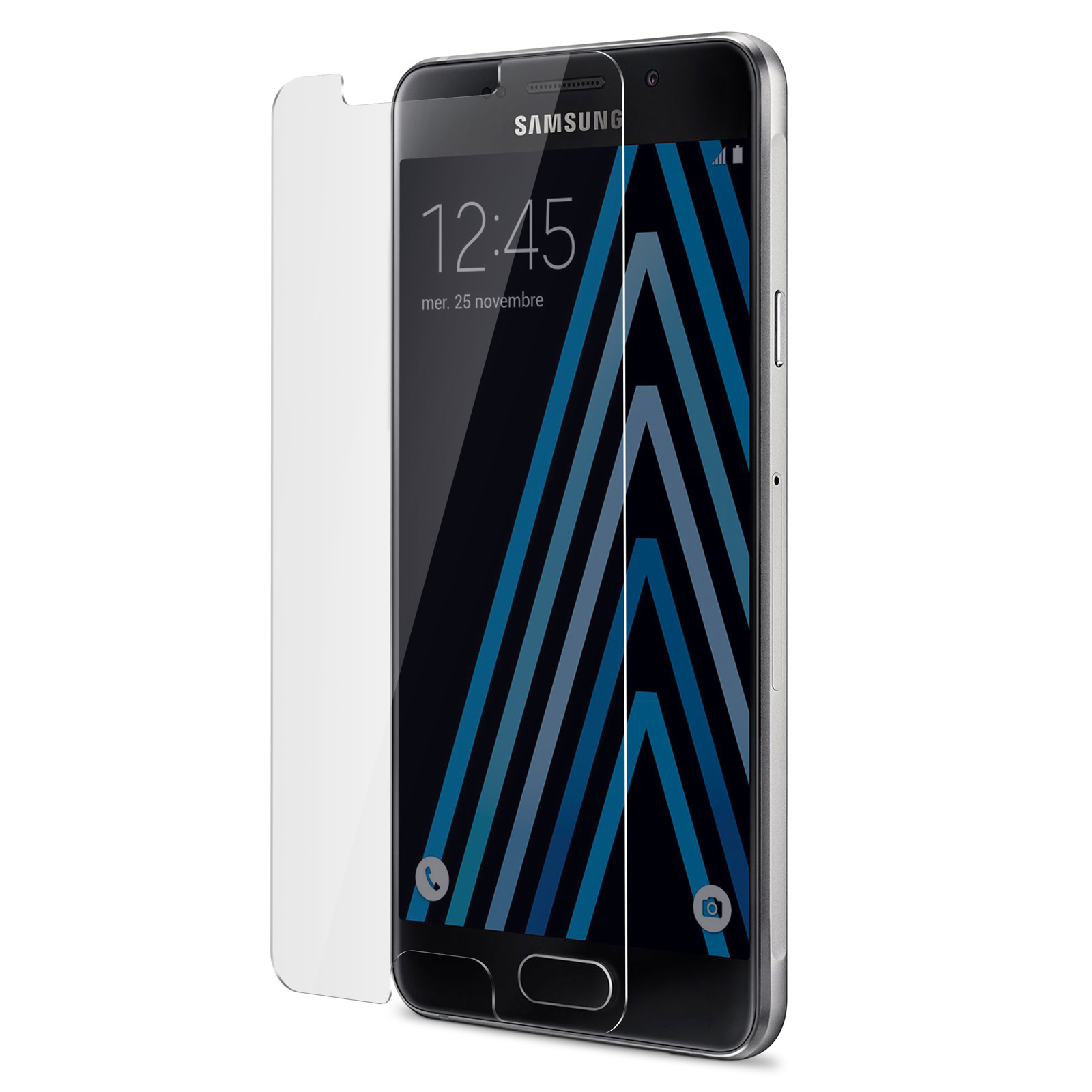 Teléfono Samsung con protector de pantalla aplicado y pantalla mostrando la hora y fecha.