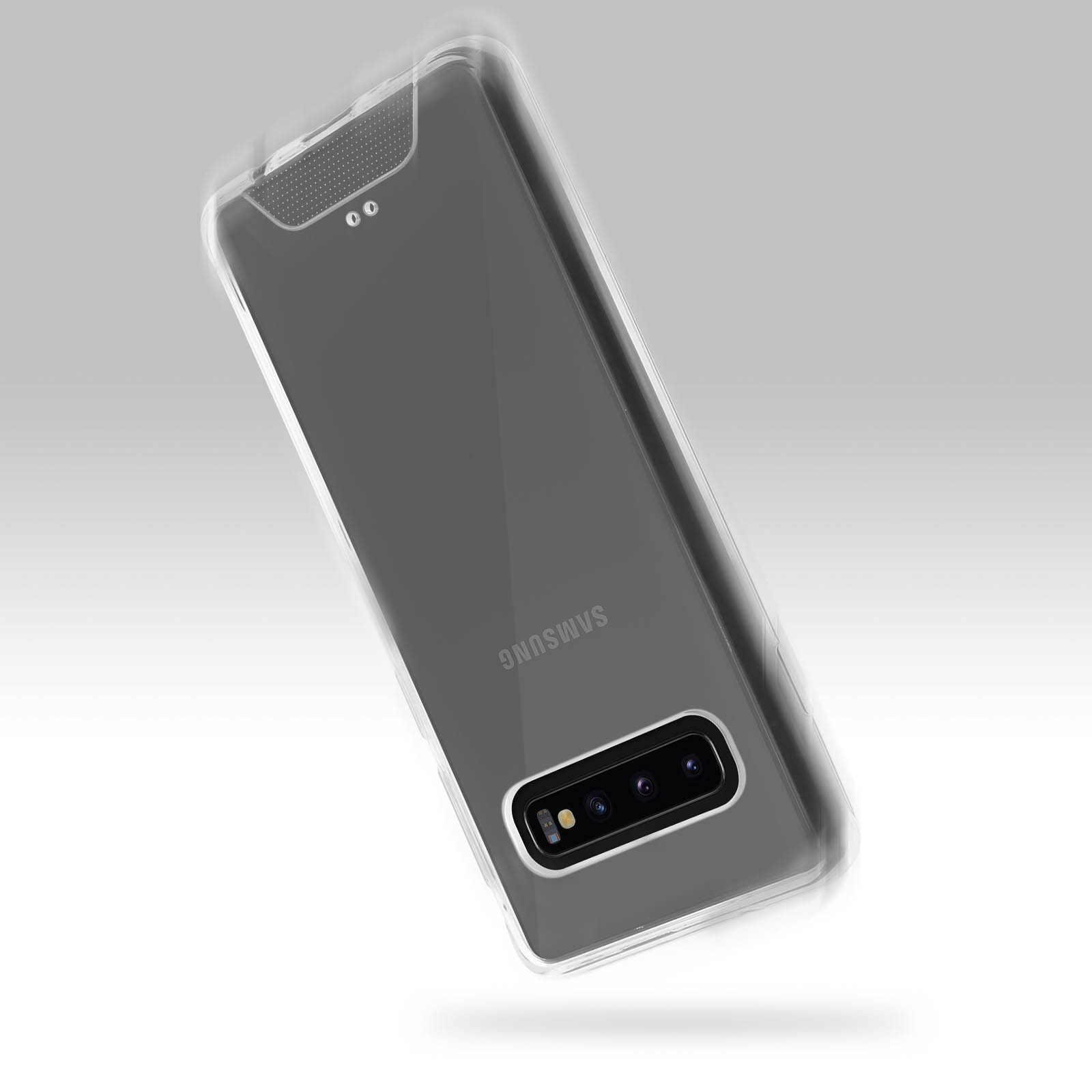 Een transparante telefoonhoes met het Samsung-logo op de achterkant, schuin tegen een witte achtergrond.