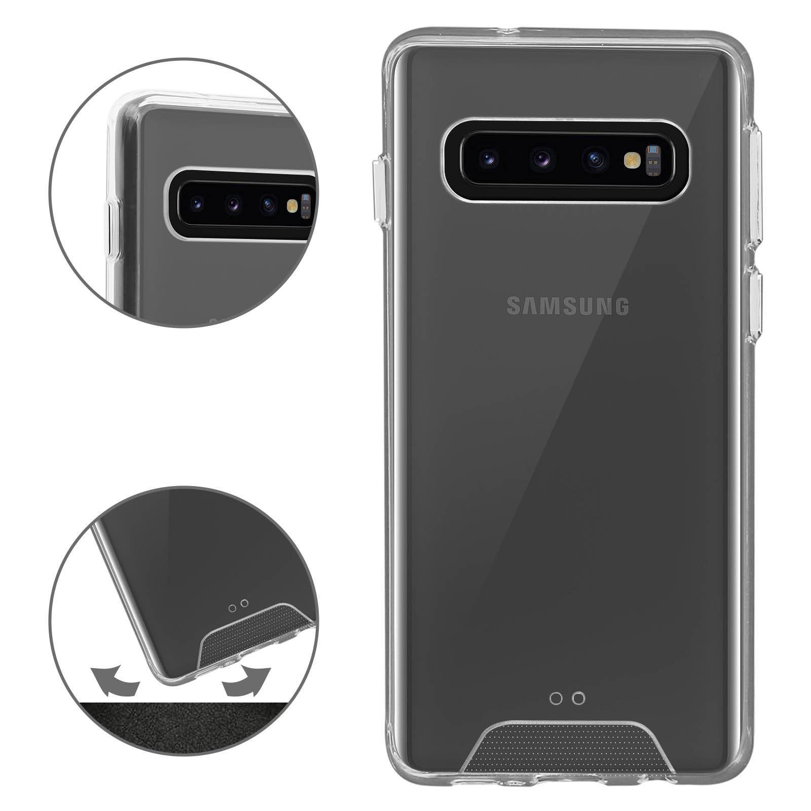 Une coque de téléphone transparente sur un téléphone Samsung noir avec des détails de la coque et du téléphone.