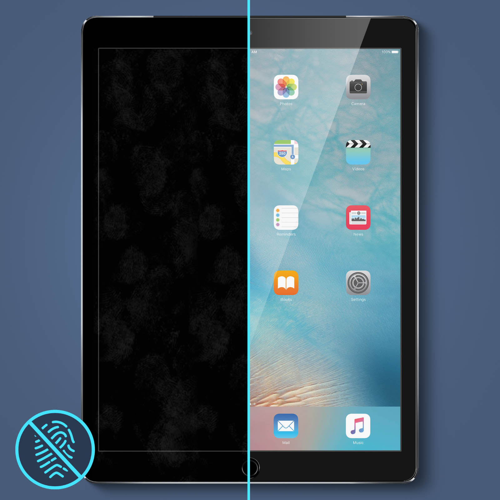 Uno schermo di tablet, per metà coperto di macchie, mostra icone di app. Un logo blu nell'angolo.