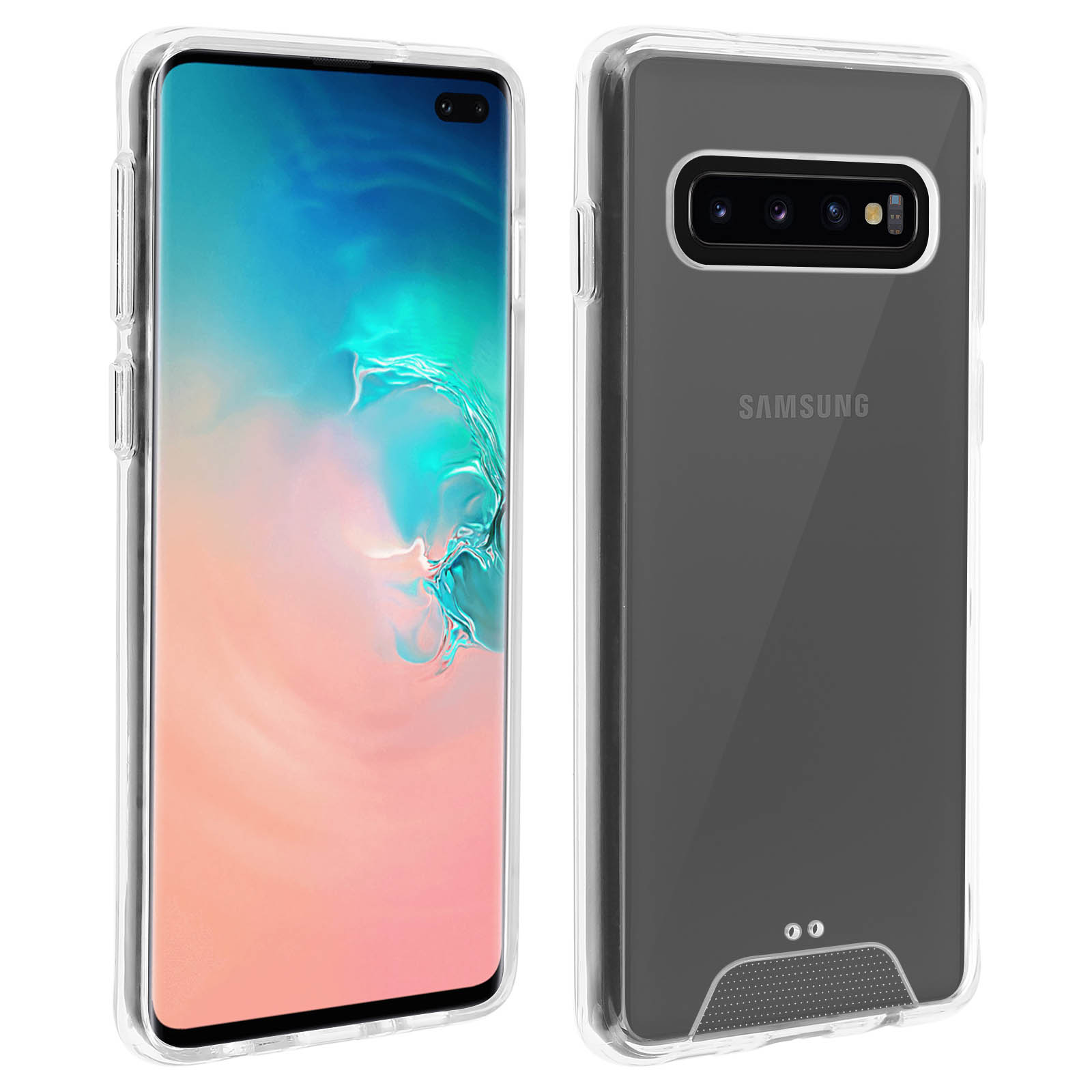 Téléphone dans une coque transparente. Le téléphone est noir. Le fond est blanc.