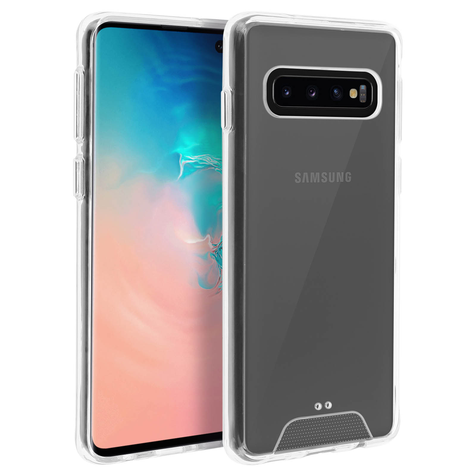 Twee doorzichtige telefoonhoesjes, één met een telefoon erin. Transparante hoes met Samsung-logo.