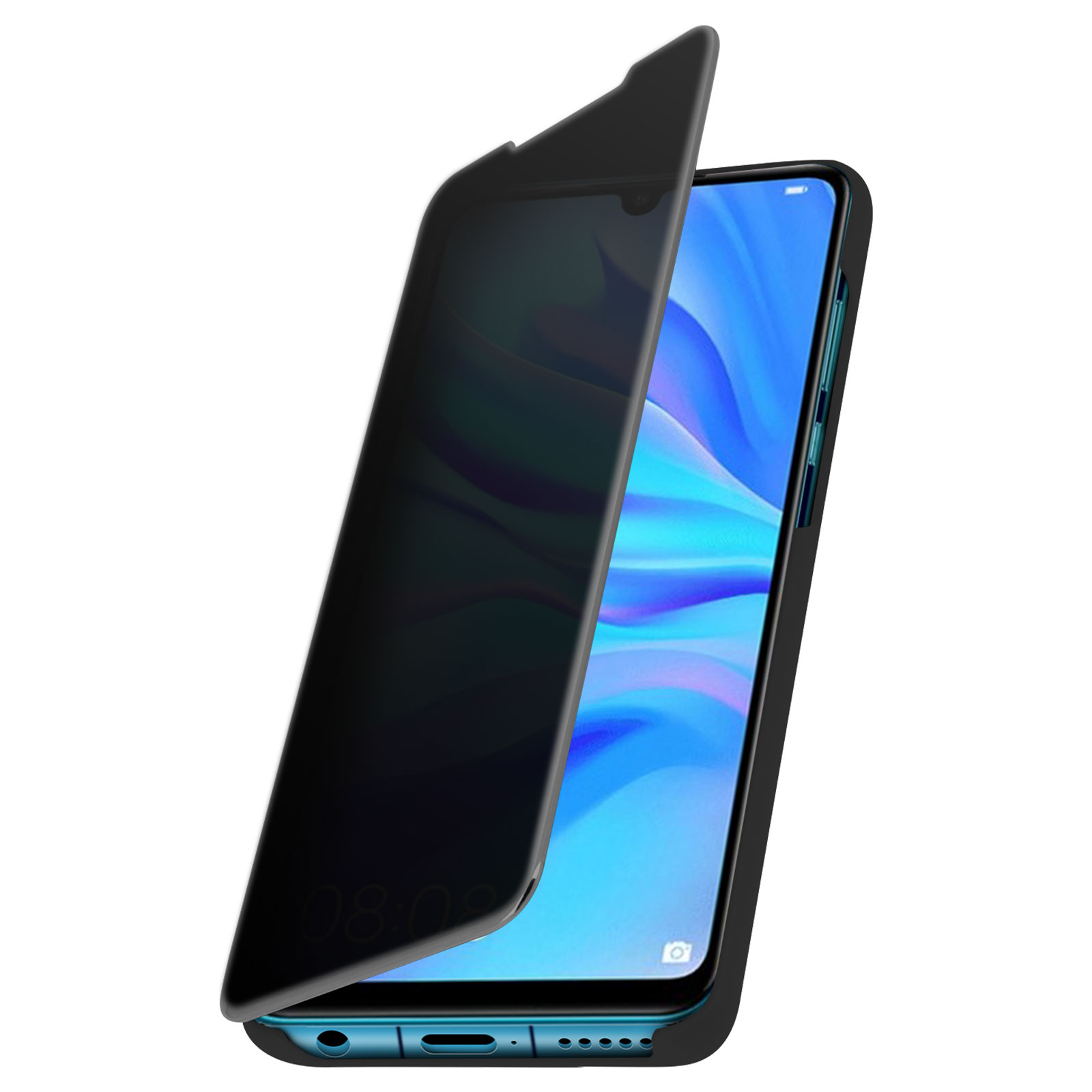 Custodia per telefono con schermo privacy. Il telefono è blu, lo schermo è nero.