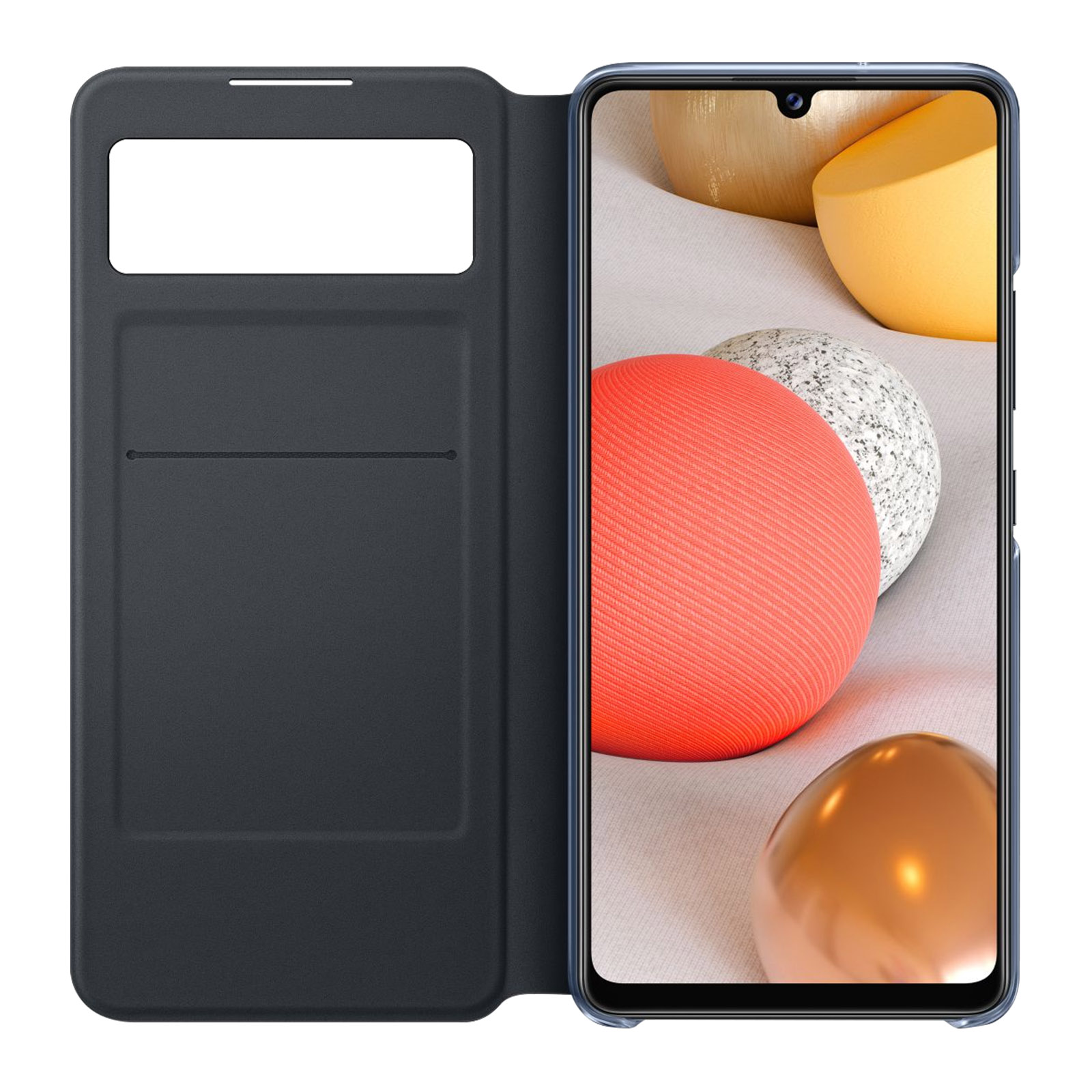 Funda de teléfono abierta con pantalla que muestra objetos coloridos.