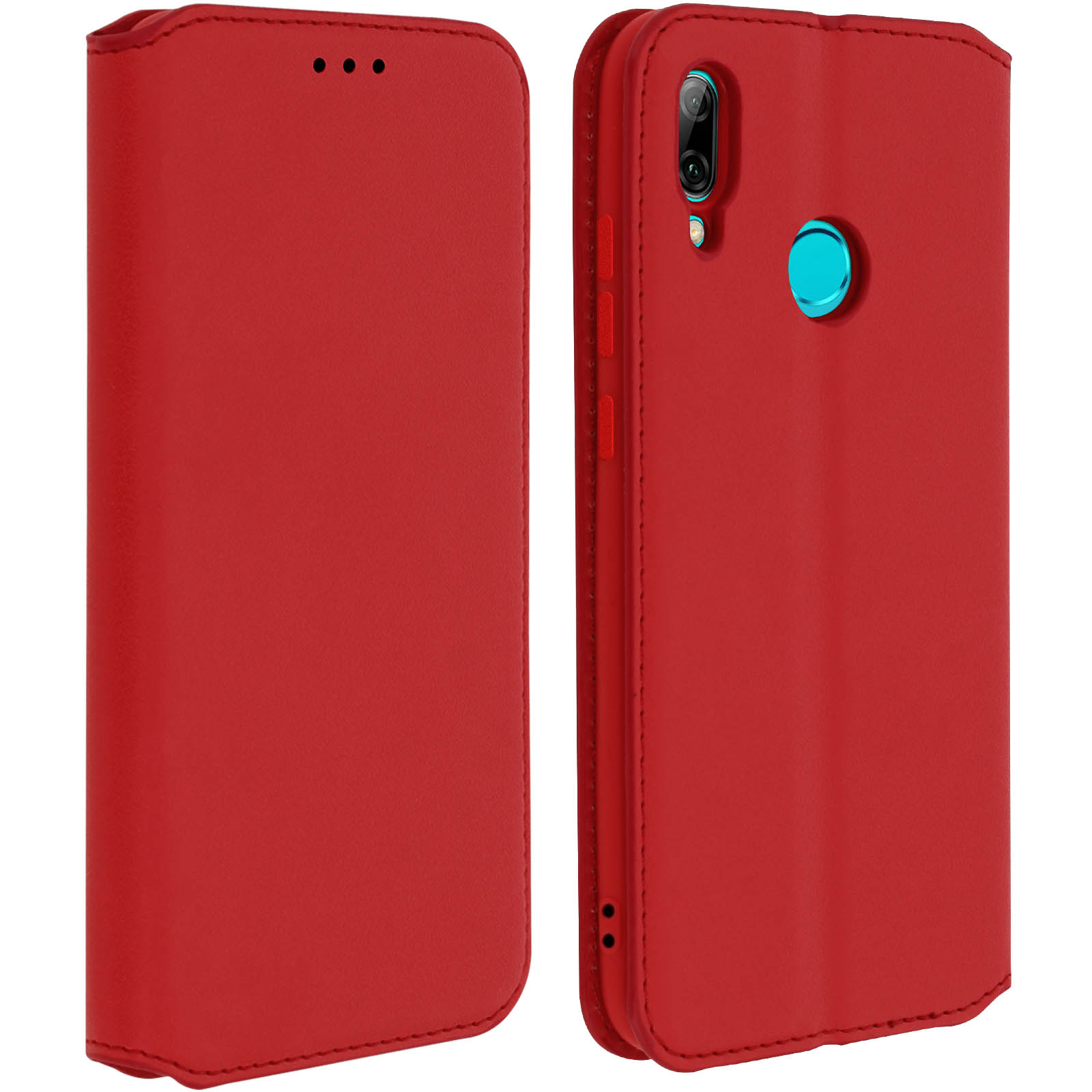 Custodia per telefono rossa, con una cover anteriore e posteriore. L'area della fotocamera del telefono è visibile.