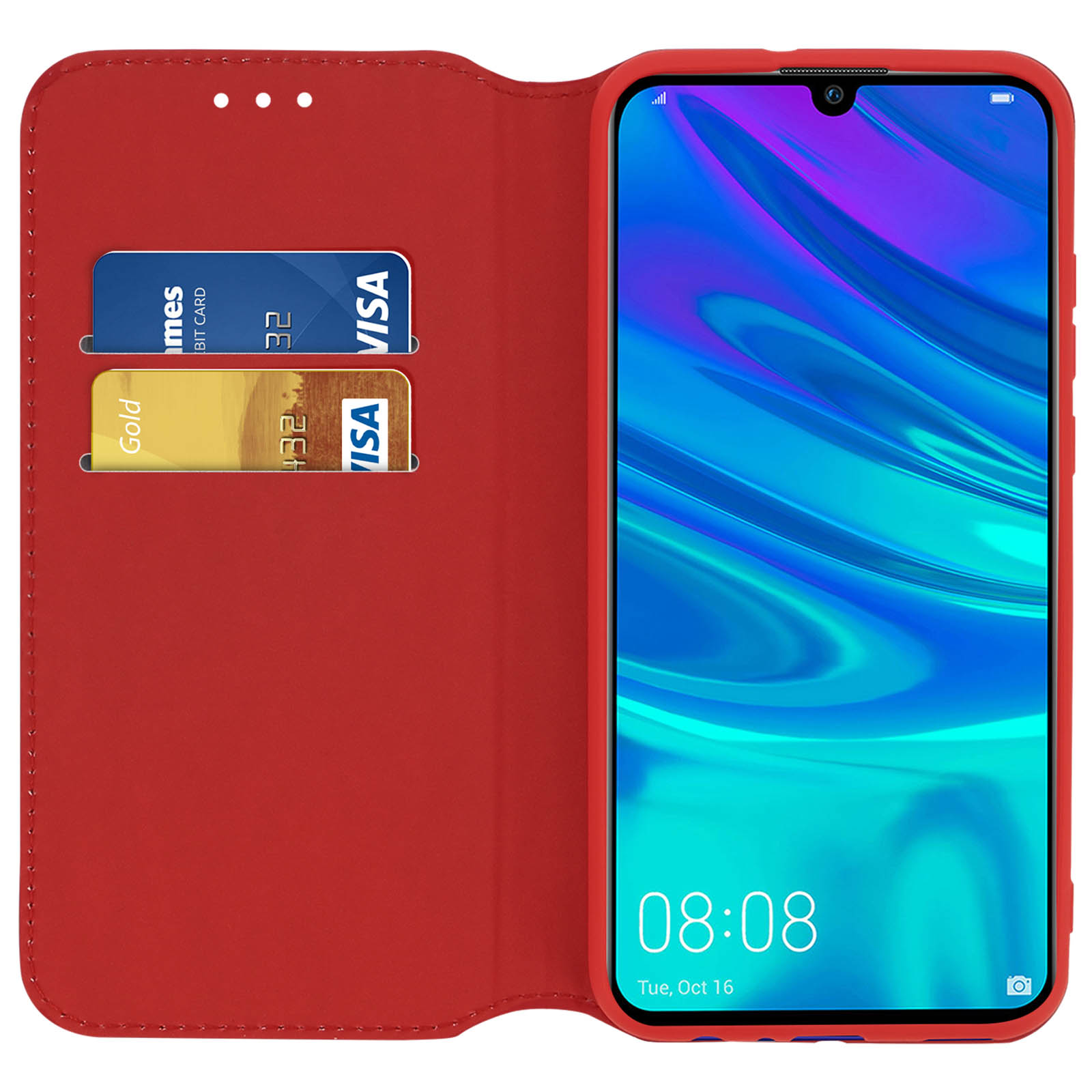 Custodia rossa per telefono con carte, telefono che mostra l'ora. Custodia rossa aperta. Carte all'interno.