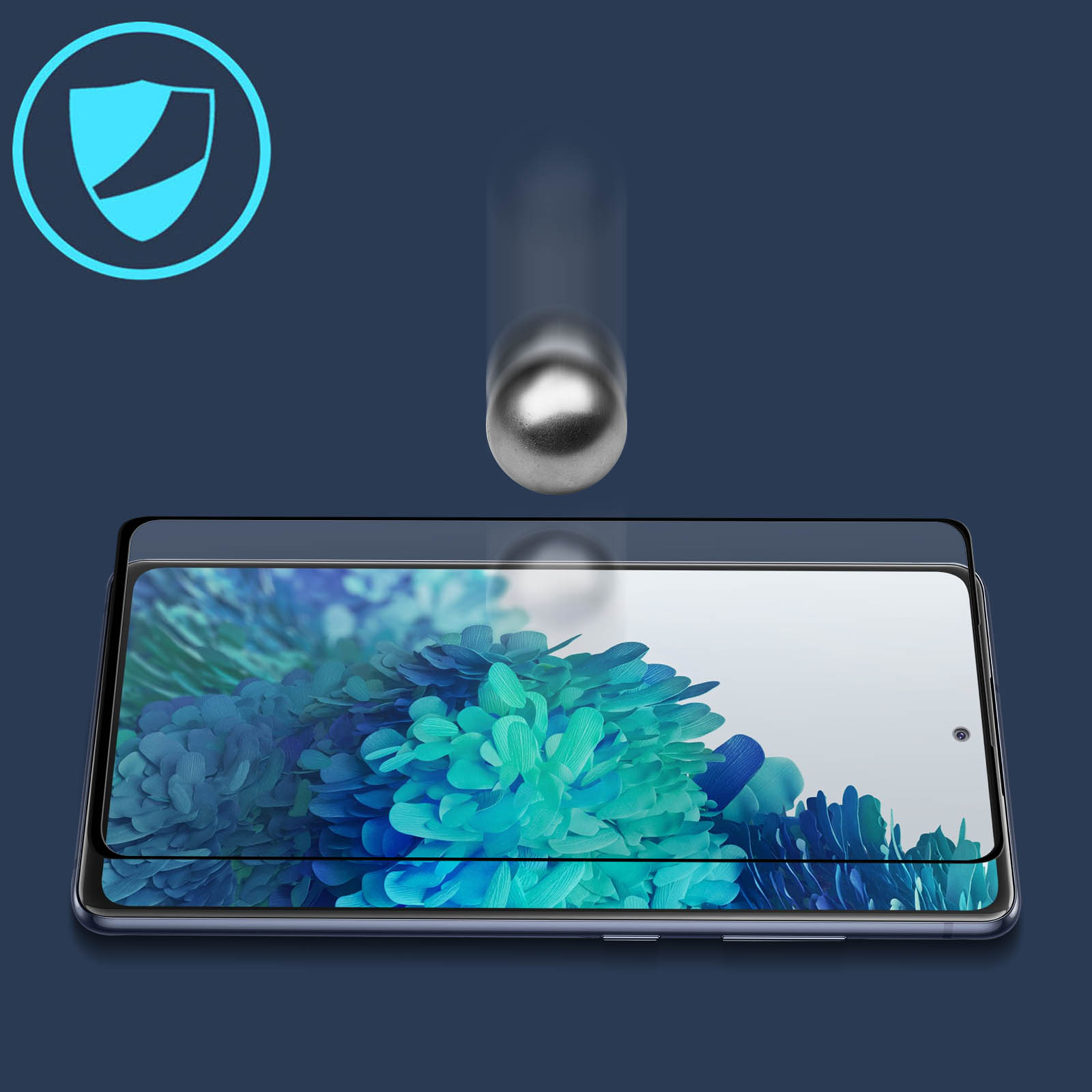 Een telefoon screen protector wordt getest met een metalen bal die op het scherm valt, met een blauwe achtergrond.
