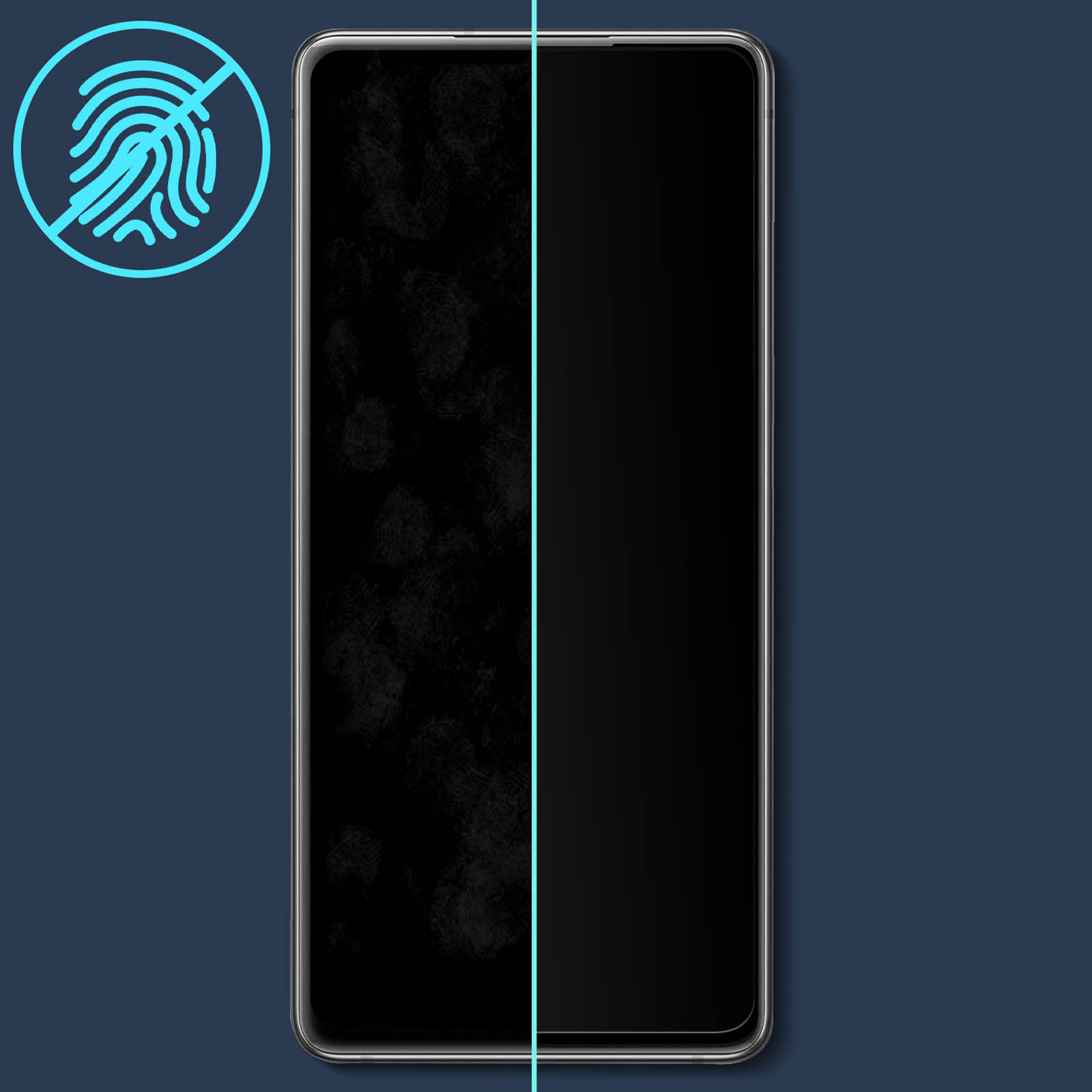 Een smartphonescherm, één kant met vingerafdrukken, de andere schoon. Een geen-vingerafdruk-pictogram linksboven.