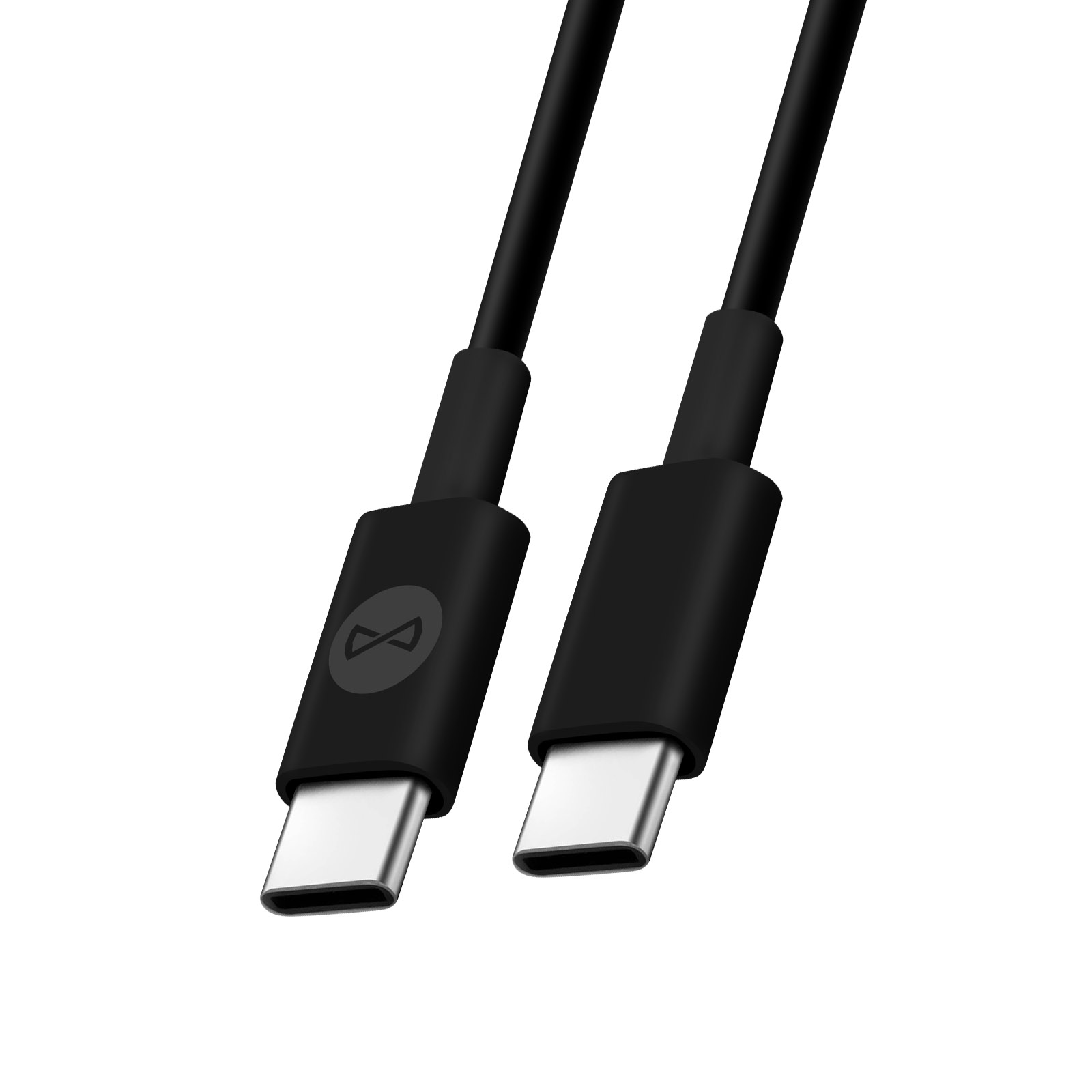 Due cavi USB-C neri sono visualizzati su sfondo bianco. I connettori sono visibili.