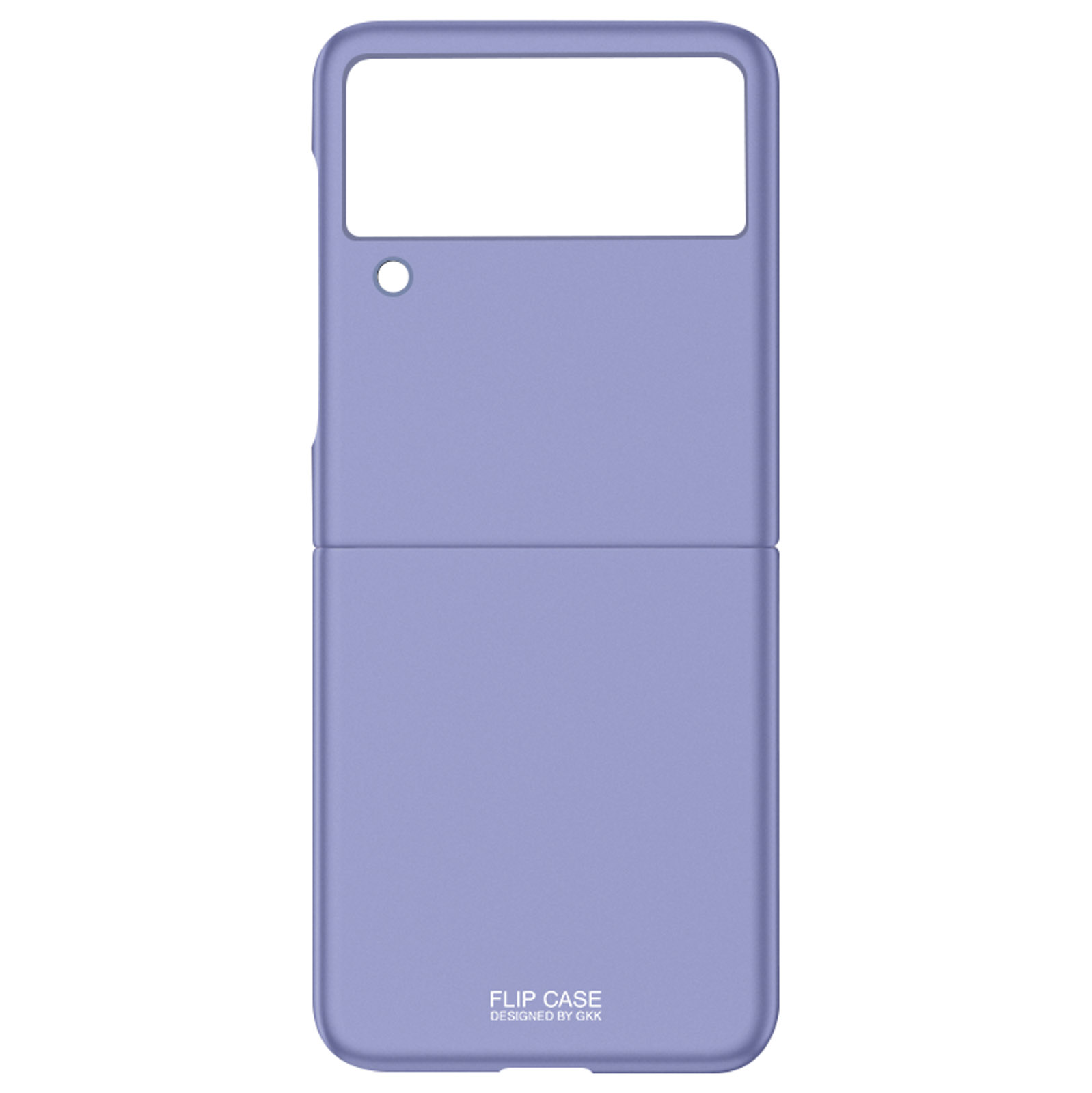 Custodia viola per telefono con le parole "FLIP CASE" in basso. Lo sfondo è bianco.