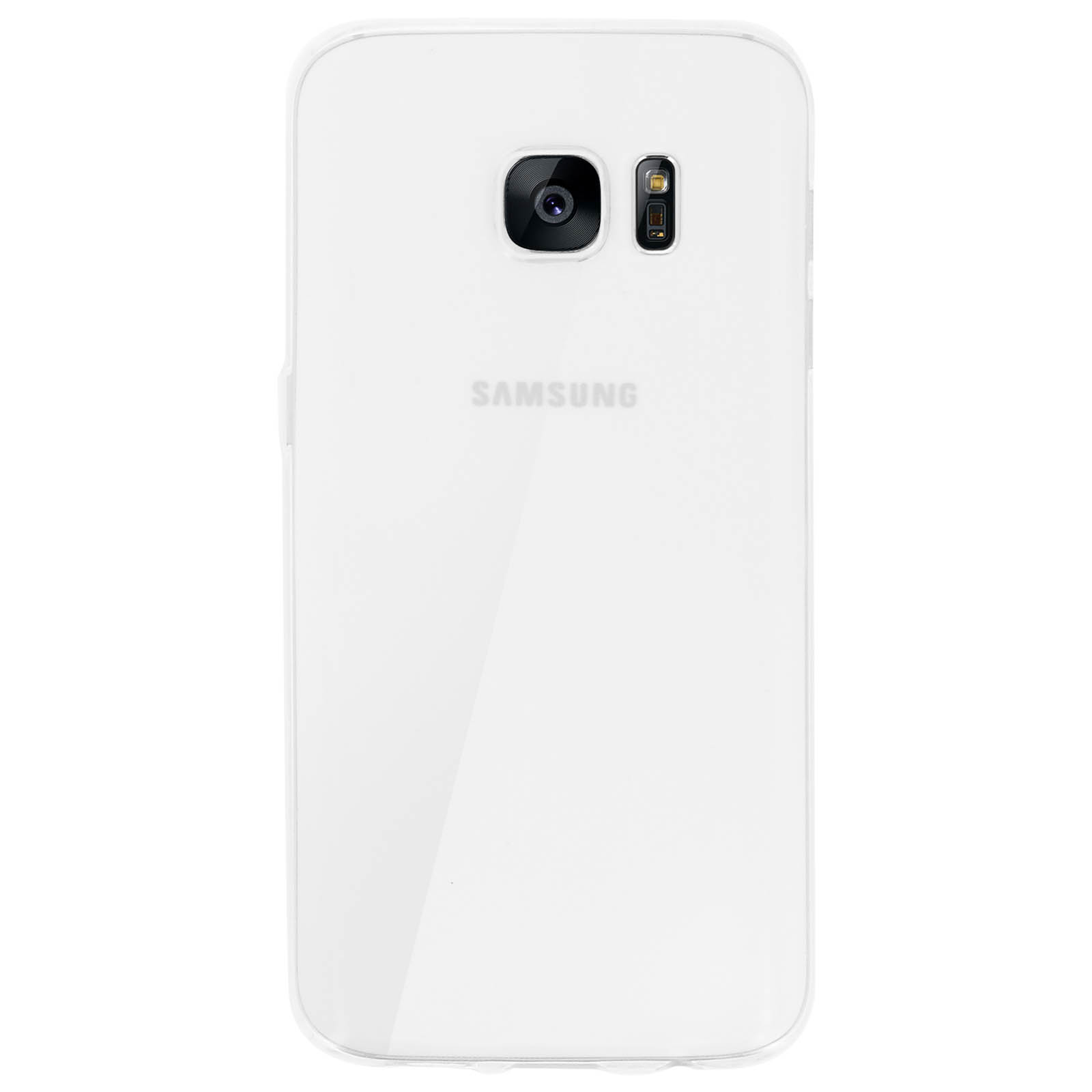 Un telefono bianco con custodia protettiva, vista posteriore, con la fotocamera visibile.