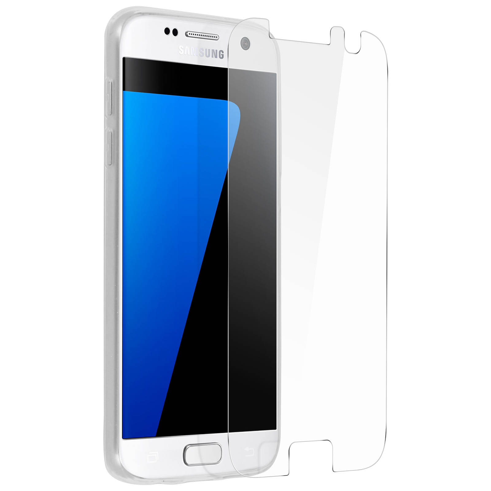 Una custodia trasparente e una protezione per lo schermo sono accanto a un telefono Samsung bianco. Lo schermo è blu.