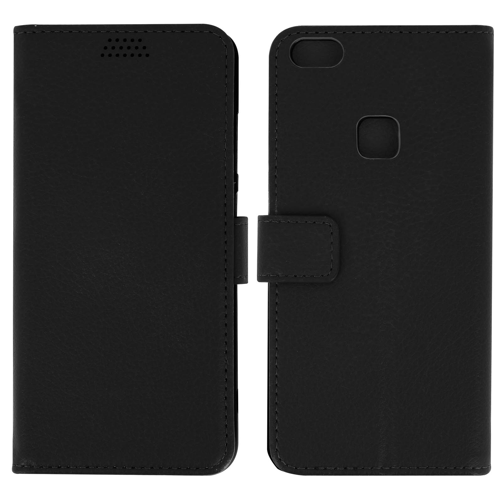 Custodia in pelle nera per telefono, aperta. Con scomparti per carte e chiusura magnetica. Custodia chiusa.