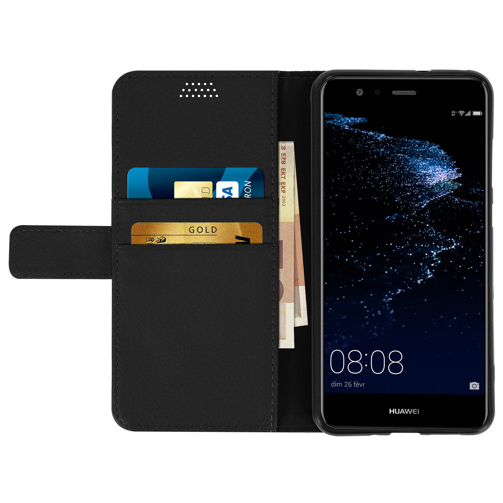 Custodia per telefono nera aperta, che rivela carte e denaro. Lo schermo mostra ora e data. Custodia in pelle nera.