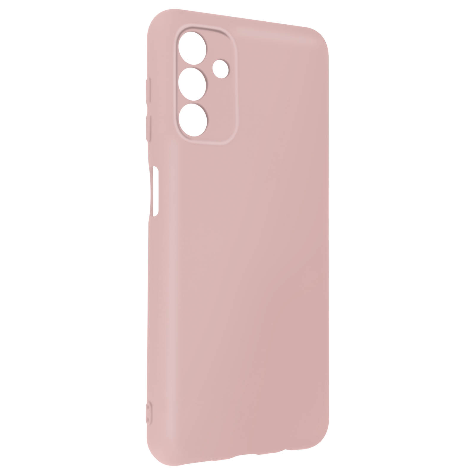 Una custodia per telefono rosa. La custodia ha tre fori per la fotocamera.