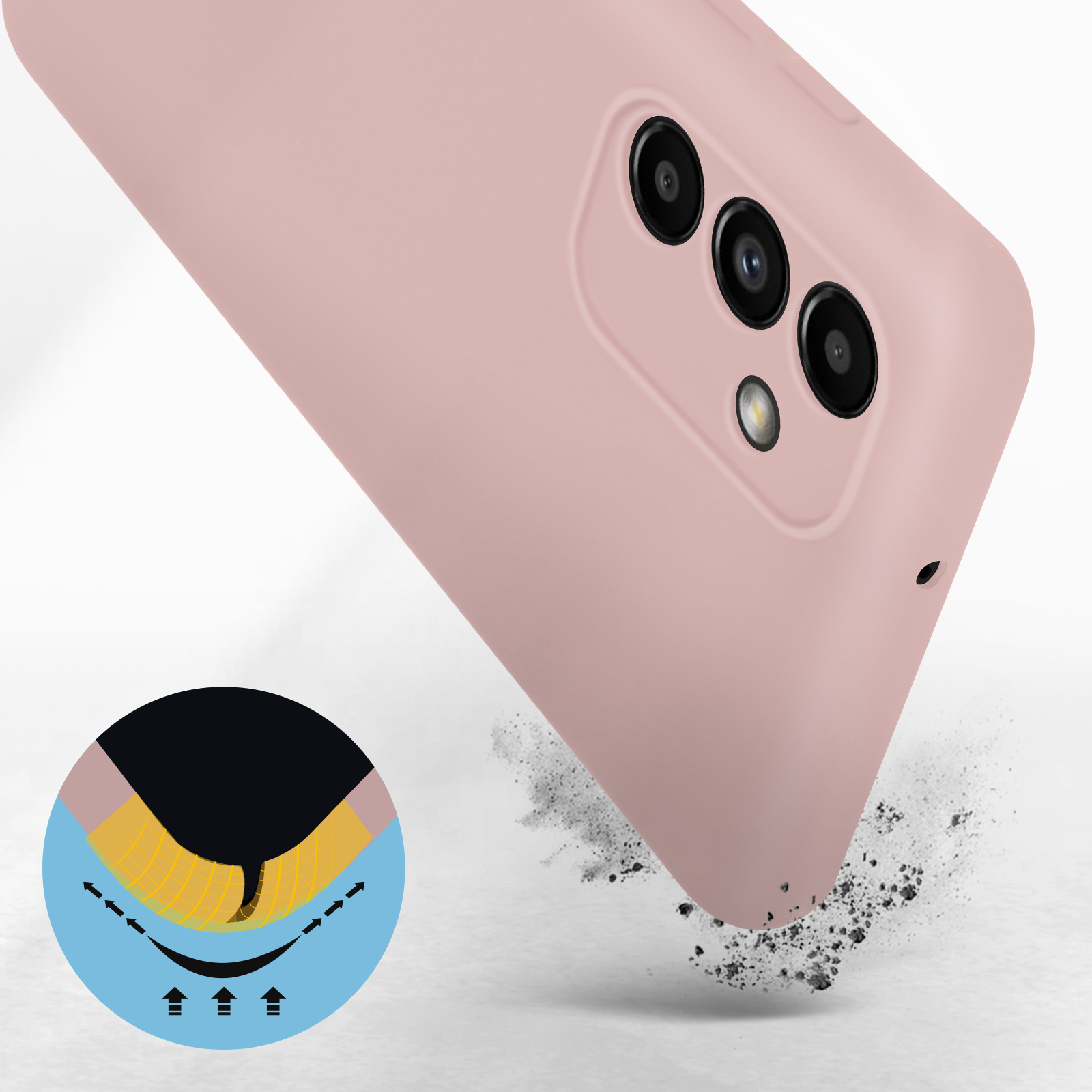 Custodia rosa per telefono con lenti della fotocamera. Un diagramma mostra la protezione dagli urti.