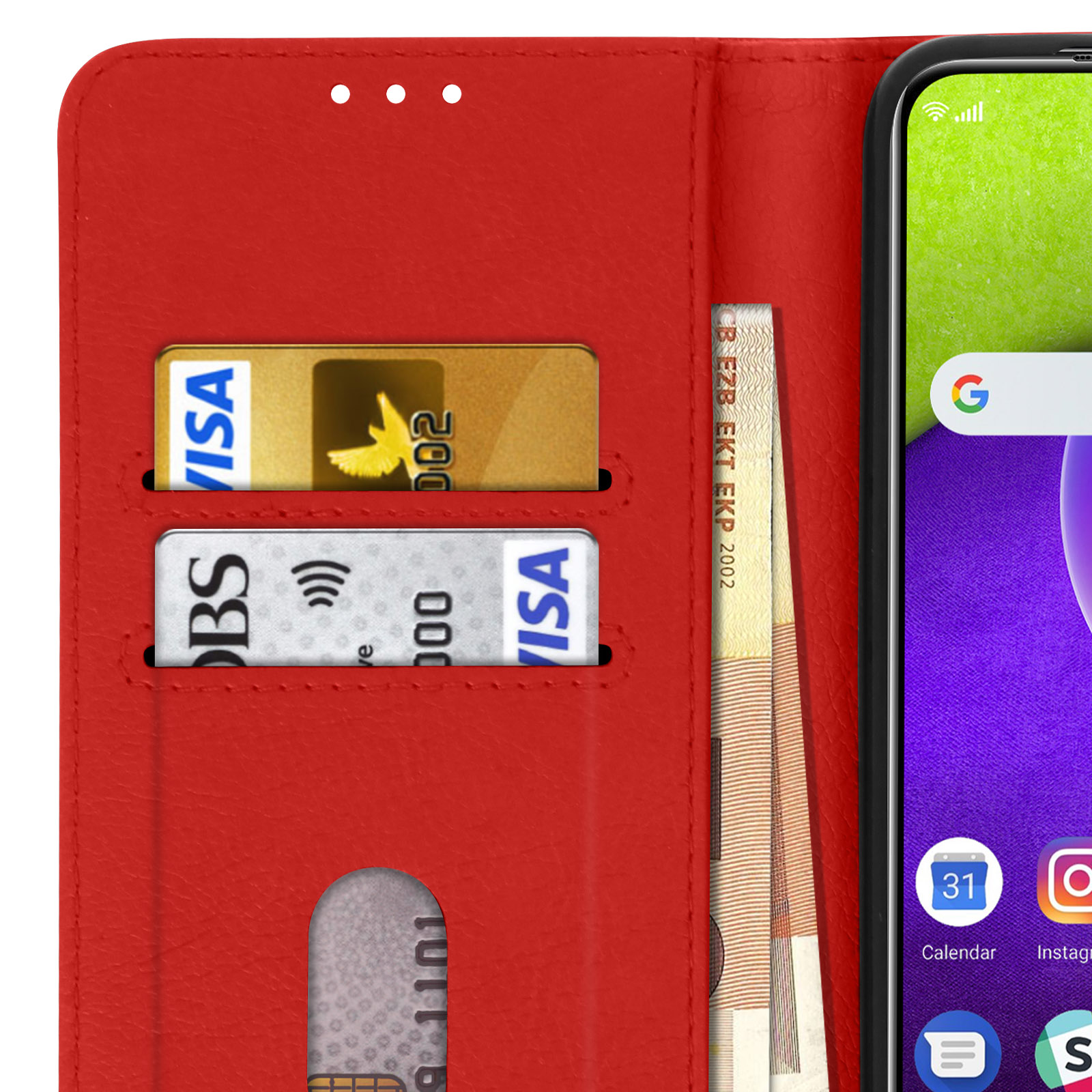 Rode open telefoonhoes, met apps op het scherm. Contant geld en kaarten zichtbaar.