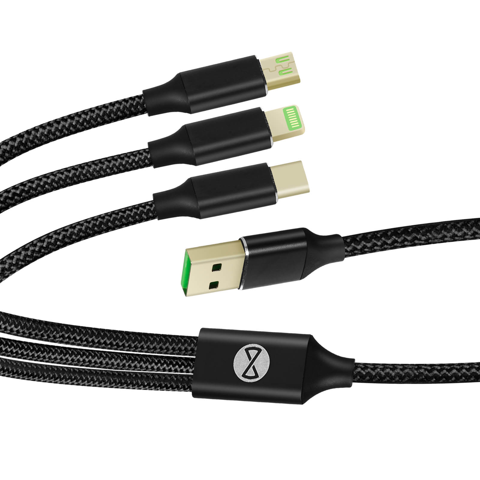Schwarze geflochtene Ladekabel mit Lightning-, USB-C- und USB-Anschlüssen.