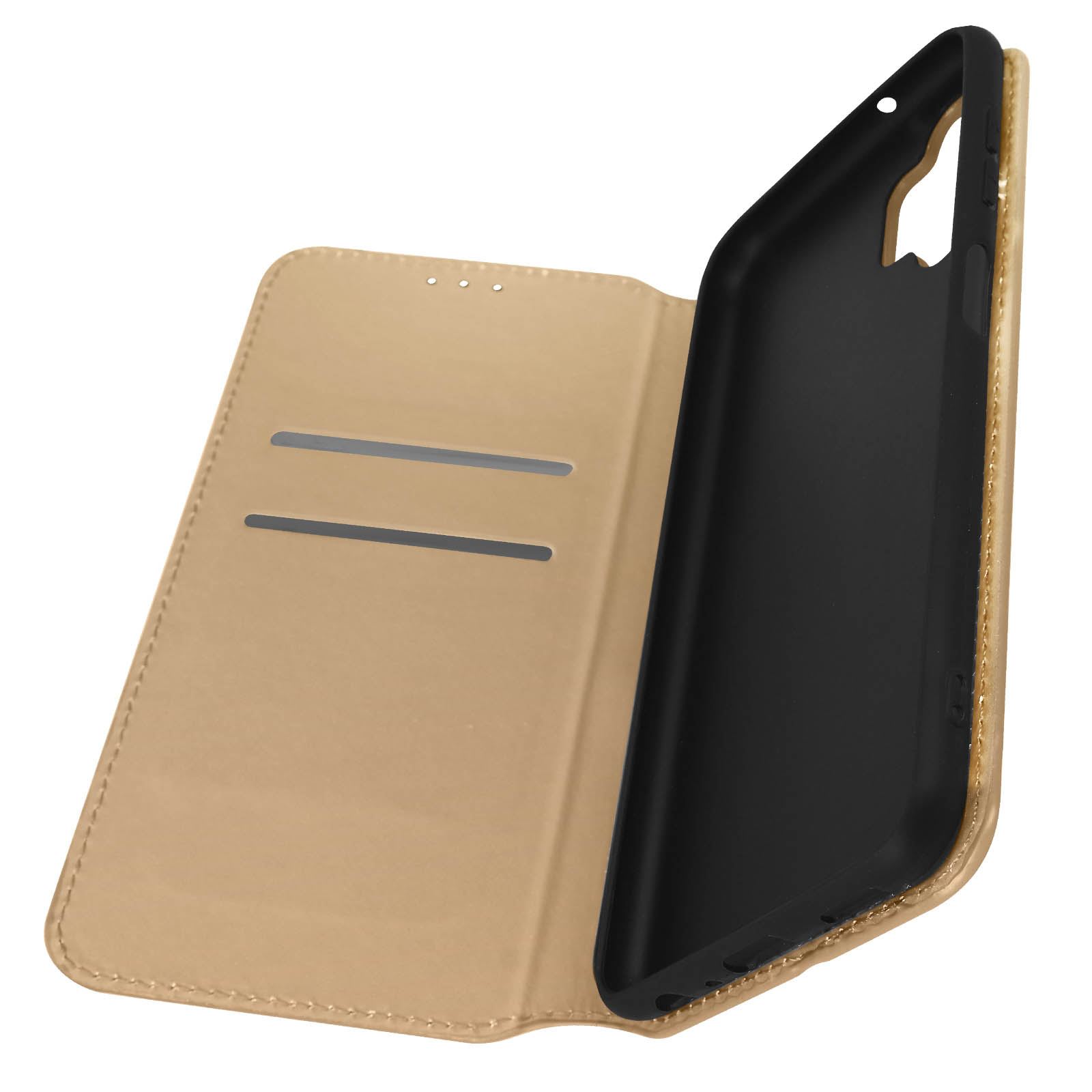Open beige telefoonhoes met interieur en telefoonsleuf. Zwarte telefoon binnenin.