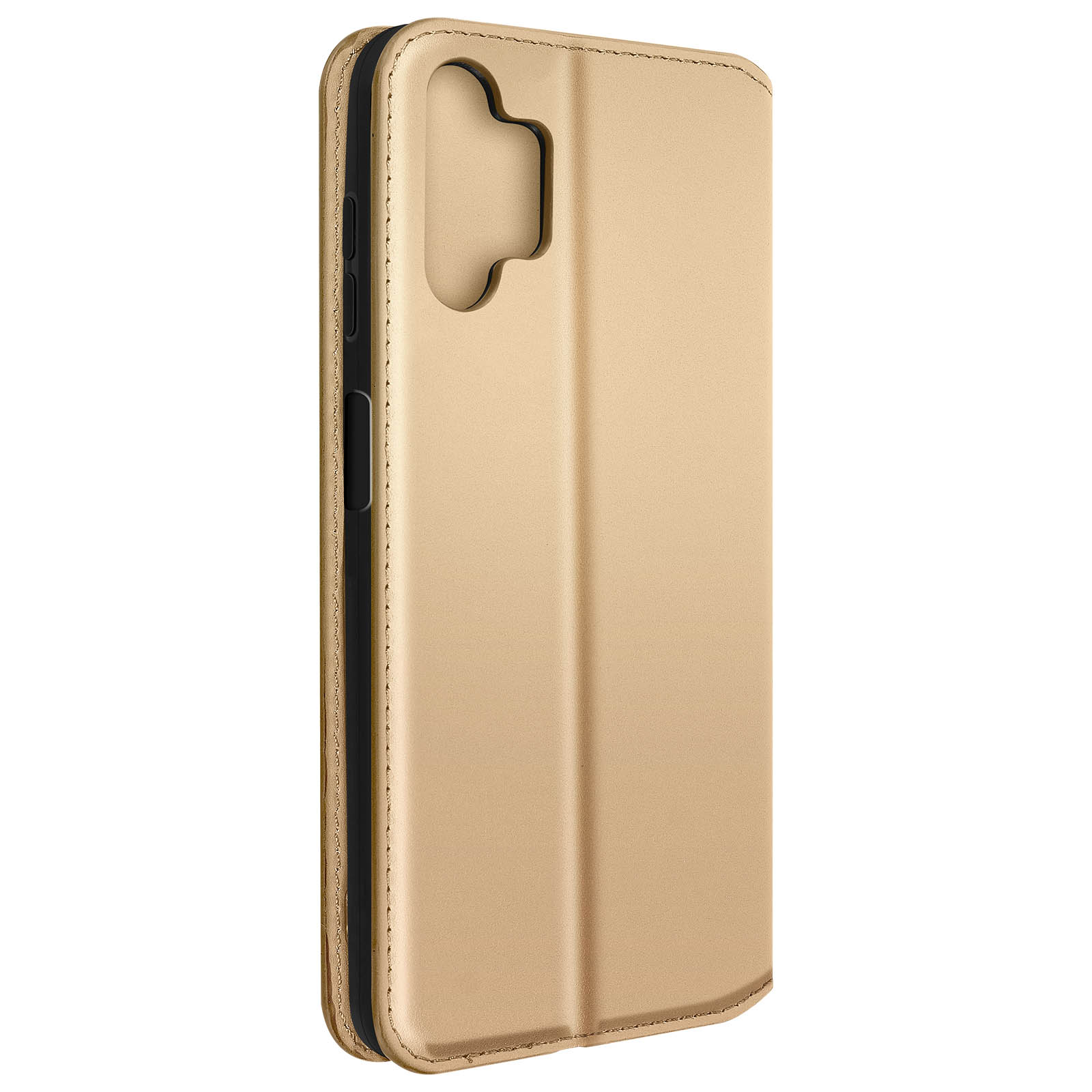 Gouden telefoonhoes, open, met zwart interieur. De hoes ligt op een wit oppervlak.