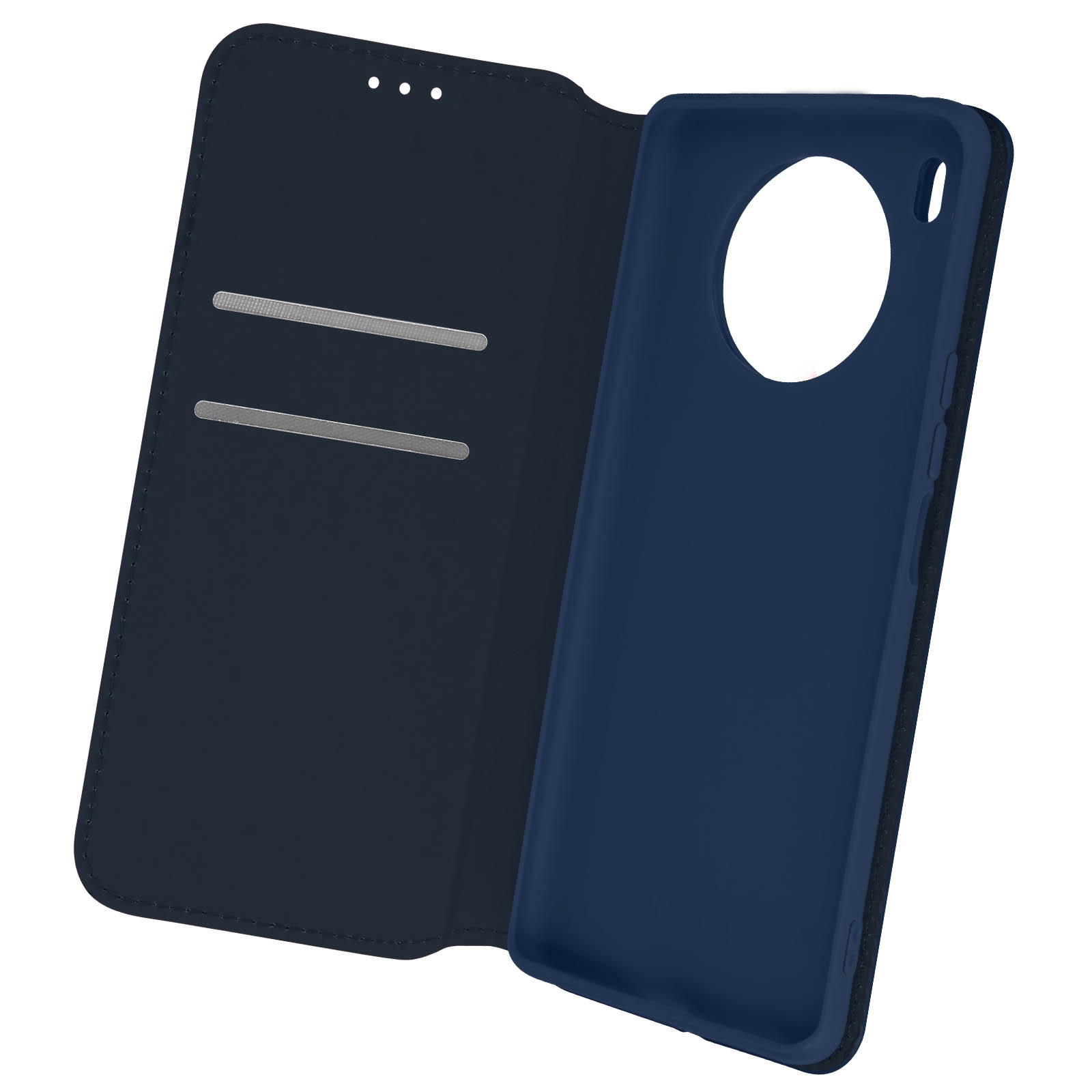 Étui bleu marine ouvert avec téléphone. Deux fentes pour cartes visibles.