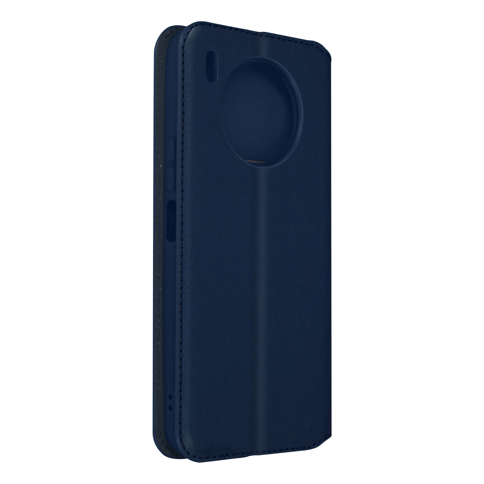 Coque de téléphone bleu foncé fermée avec découpe de caméra circulaire. Le côté montre des boutons.