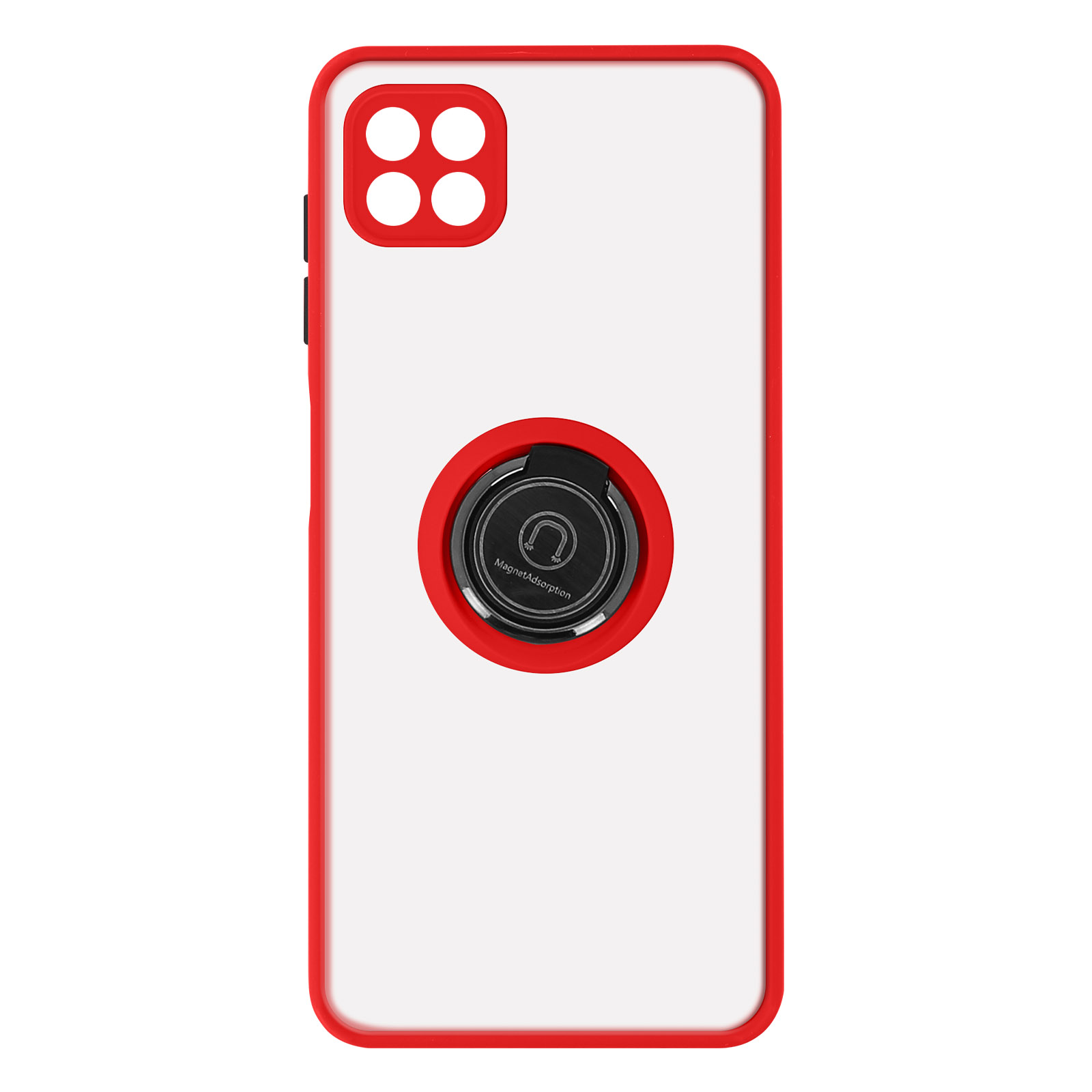 Custodia per telefono con cornice rossa, supporto ad anello nero al centro e retro bianco.
