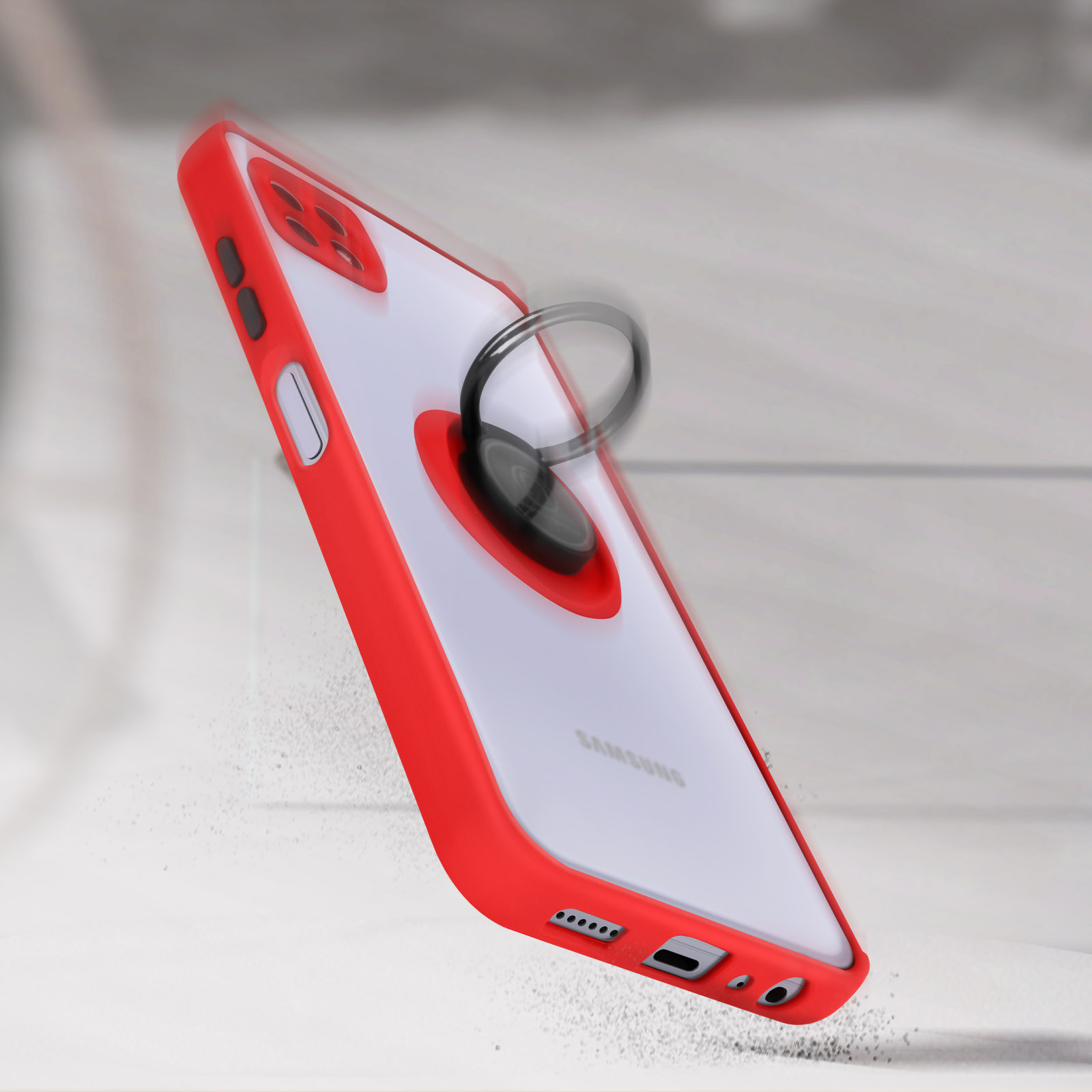 Custodia rossa con anello, angolata, che mostra un telefono. Sfondo bianco con ombra.