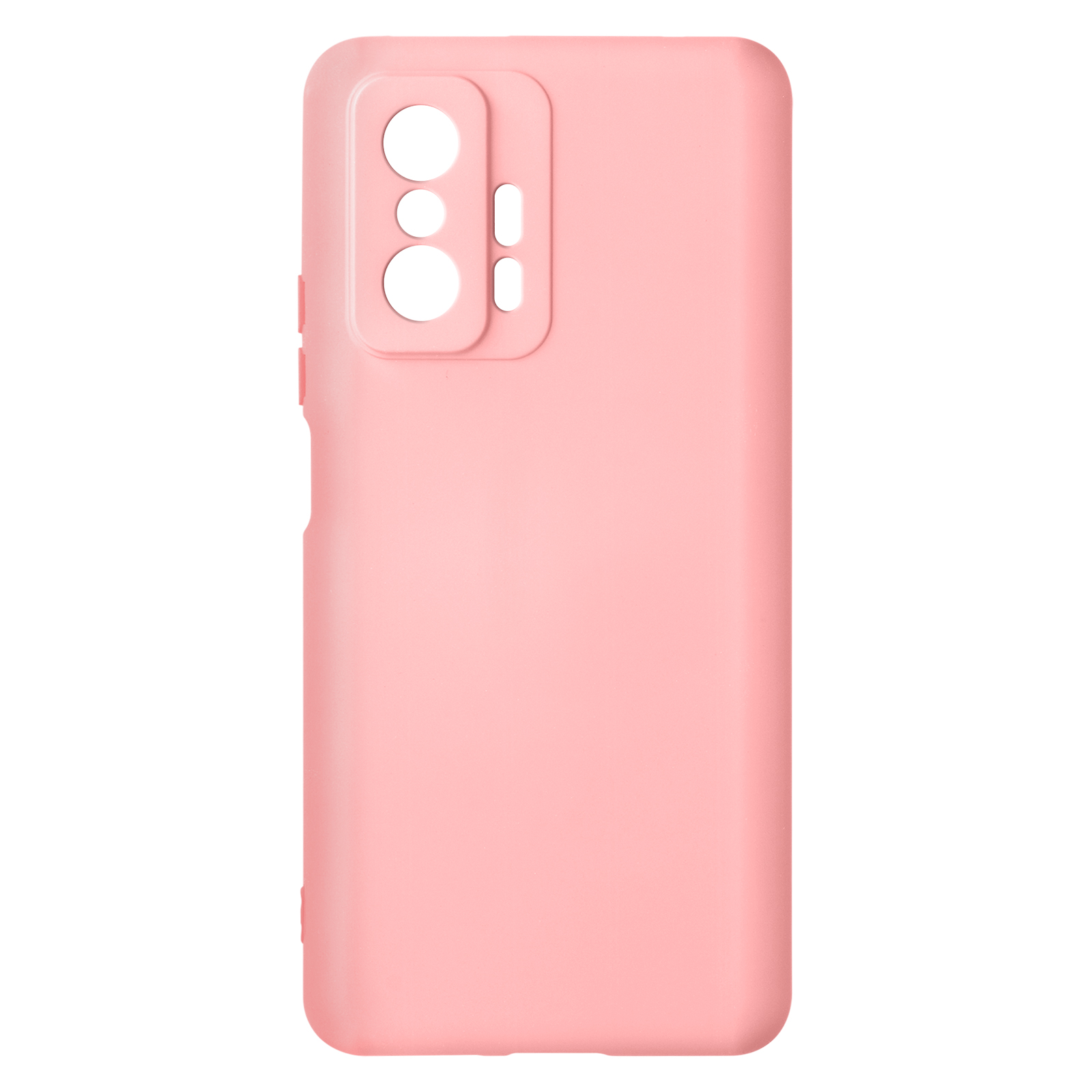 Custodia rosa con fori per fotocamera. Forma rettangolare. Superficie liscia.