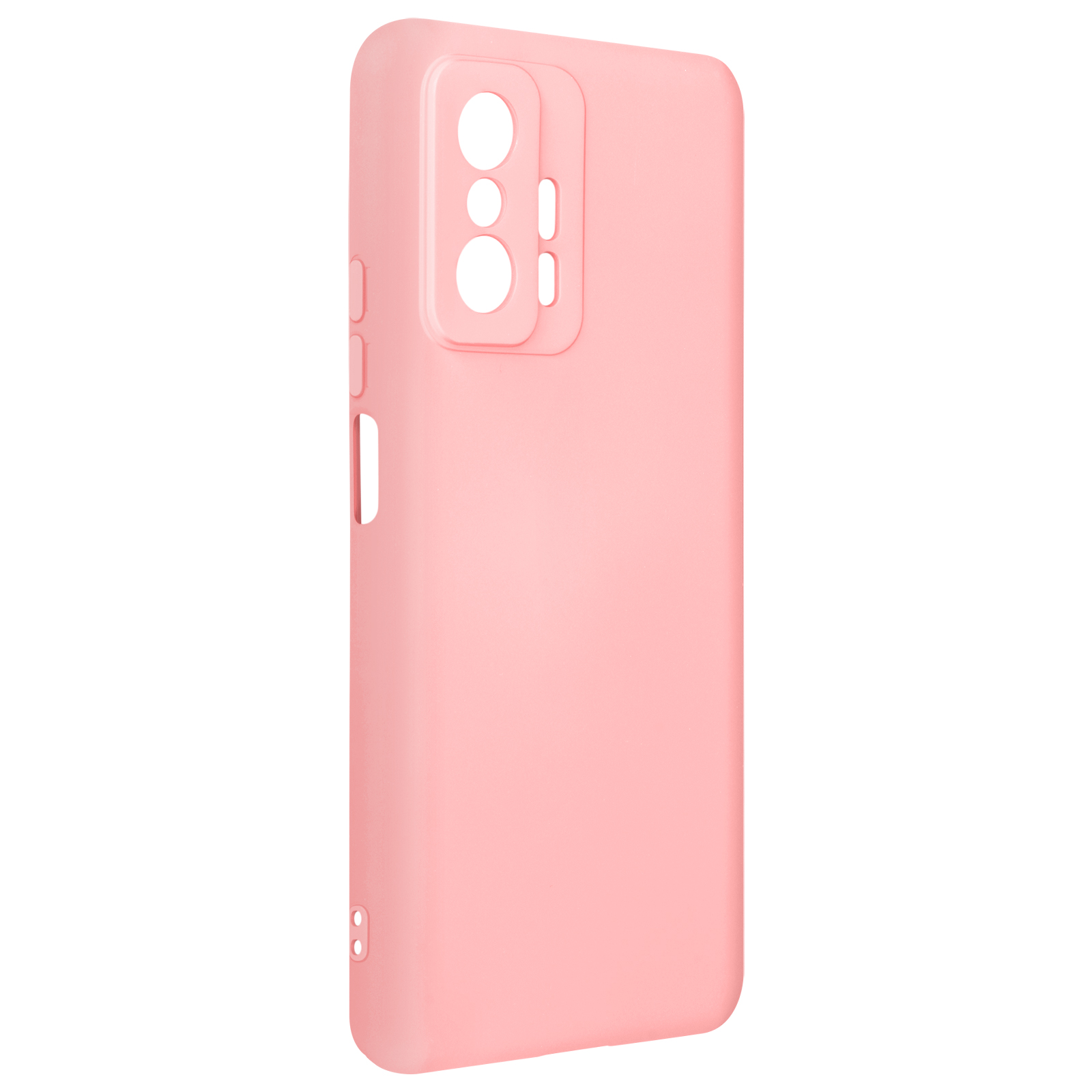 Custodia rosa per telefono. Ha fori per fotocamera e altre funzioni.